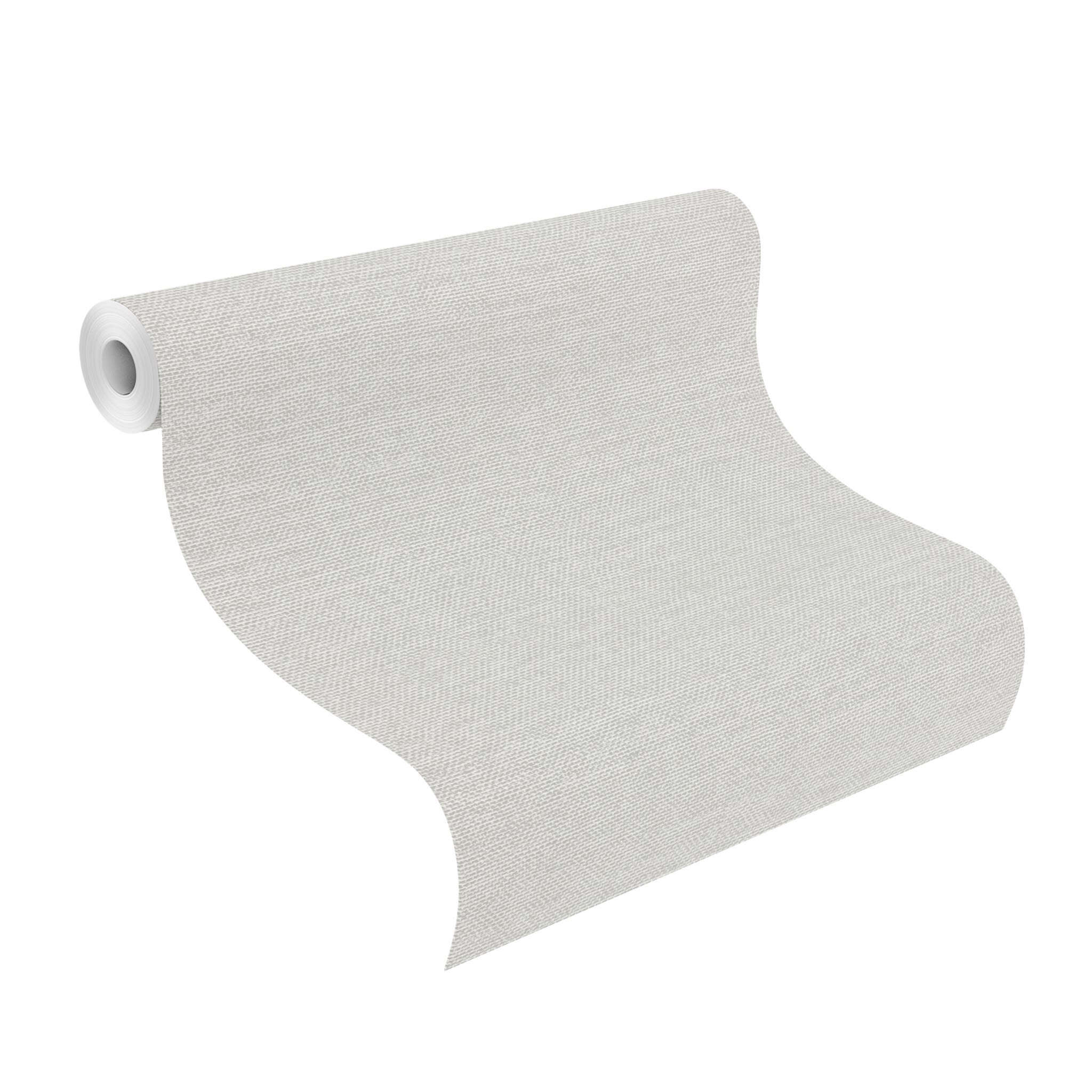 10-312133 Rolle abgerollt 1 Unrolled wallpaper roll with Plain, light grey wallpaper with a textile-like texture for modern interiors.