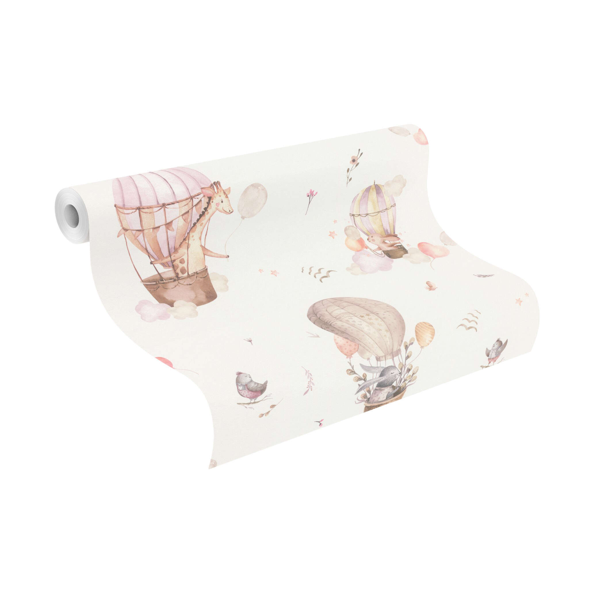 10-300529 Rolle abgerollt 1 Rouleau de déroulé avec Papier peint enchanteur pour enfants avec des montgolfières et des motifs animaliers dans des tons roses