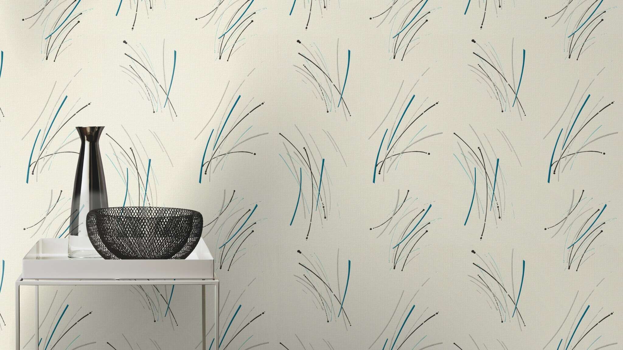 10-735024 Raumsituationen 5 Room with Wallpaper with curved lines and textile texture