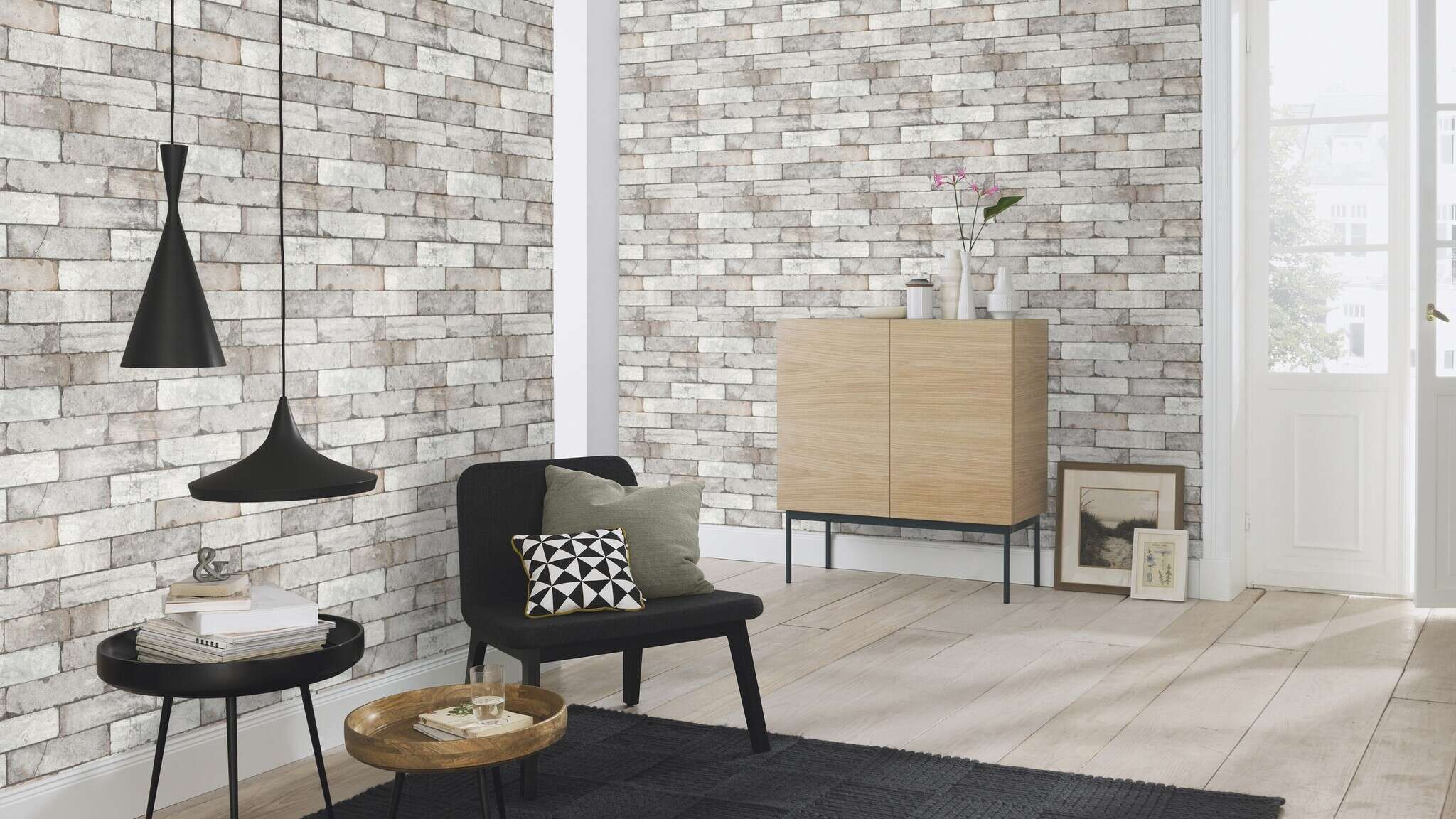 10-446302 Raumsituationen 1 Room with Grey non-woven wallpaper with realistic brick pattern in a vintage look.
