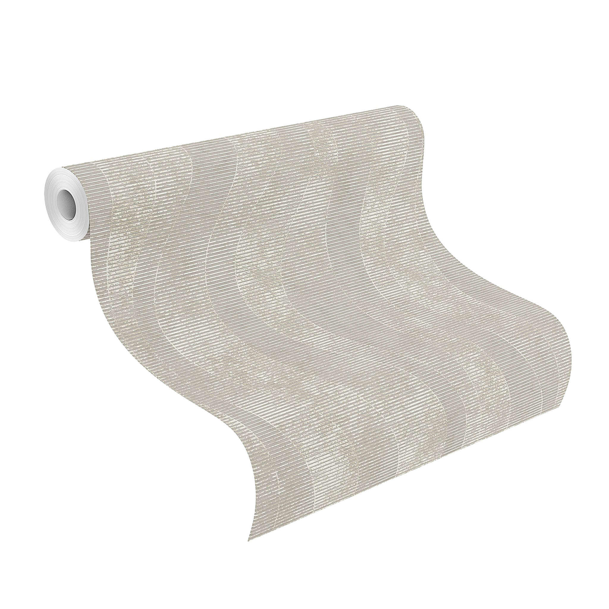 10-315813 Rolle abgerollt 1 Unrolled wallpaper roll with Beige wallpaper with a gently curved wave pattern on a textured surface – subtle and dynamic.