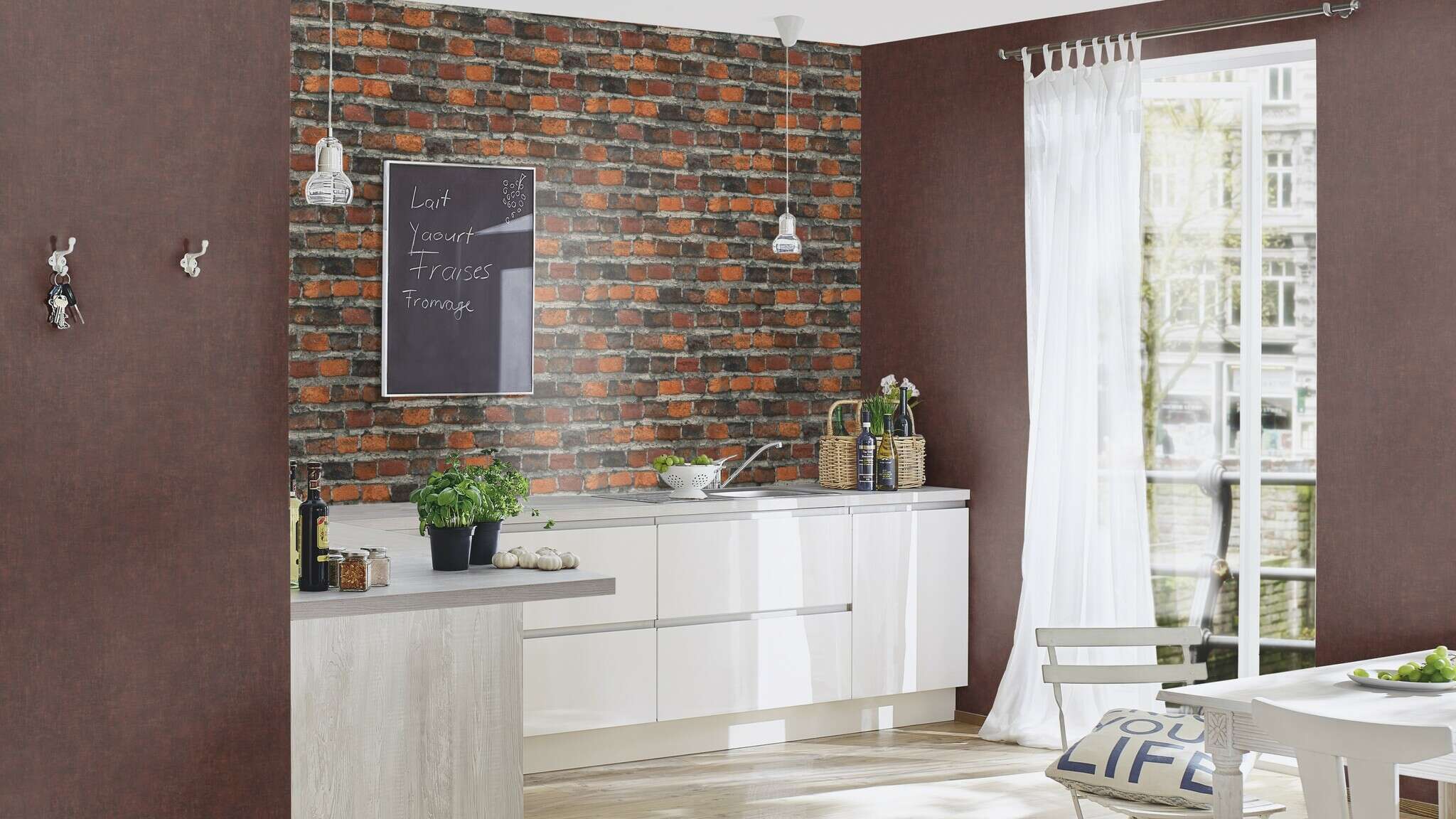 10-428063 Raumsituationen 3 Room with Non-woven wallpaper with classic brick pattern in reddish-brown shades.