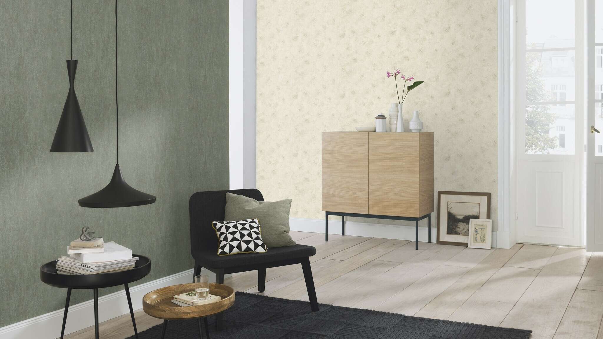 10-550078 Raumsituationen 1 Non-woven wallpaper in light green-grey-green Selection 550078