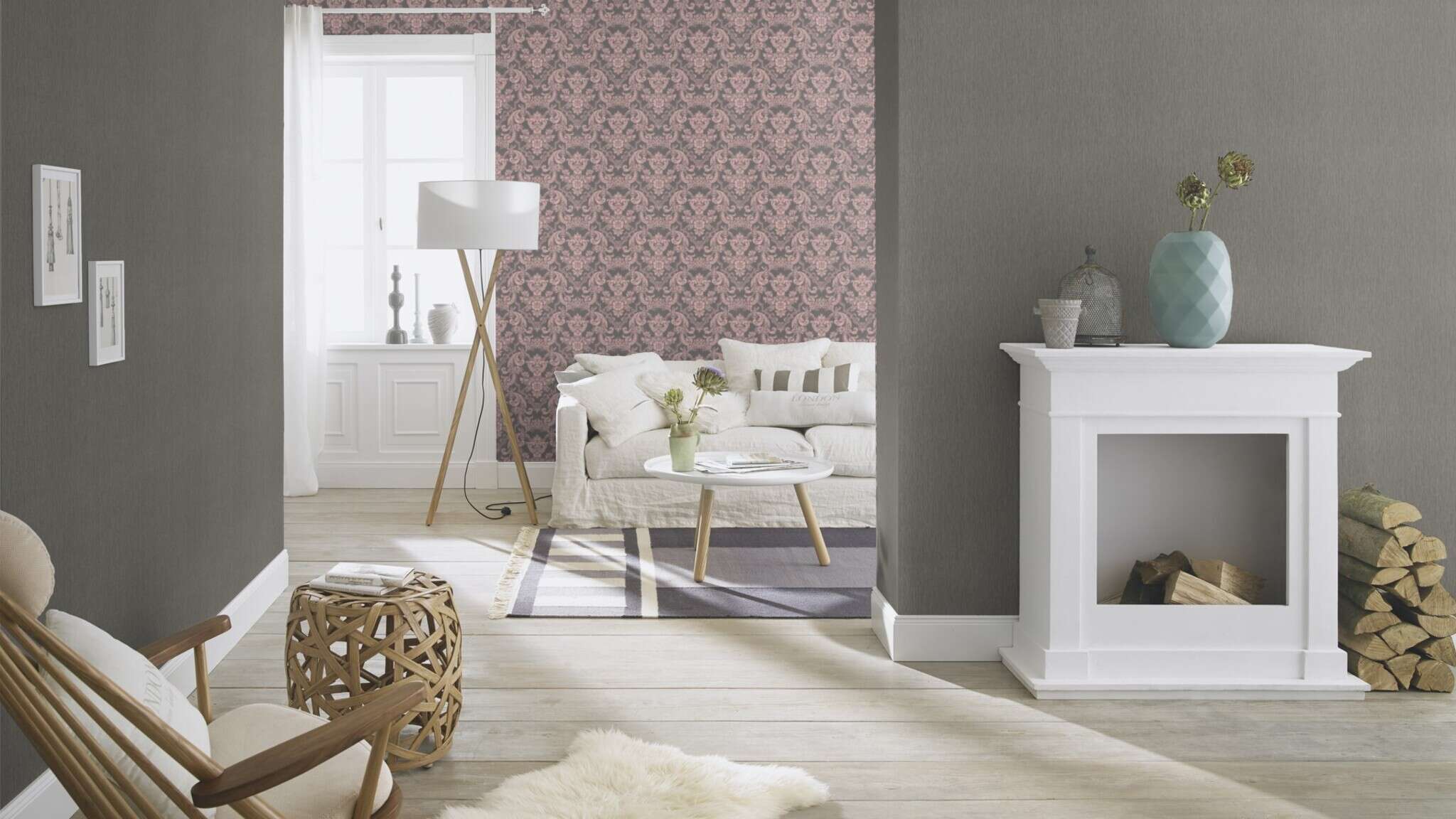 10-570649 Raumsituationen 2 Room with Pink ornaments on graphite-coloured fabric in 3D look