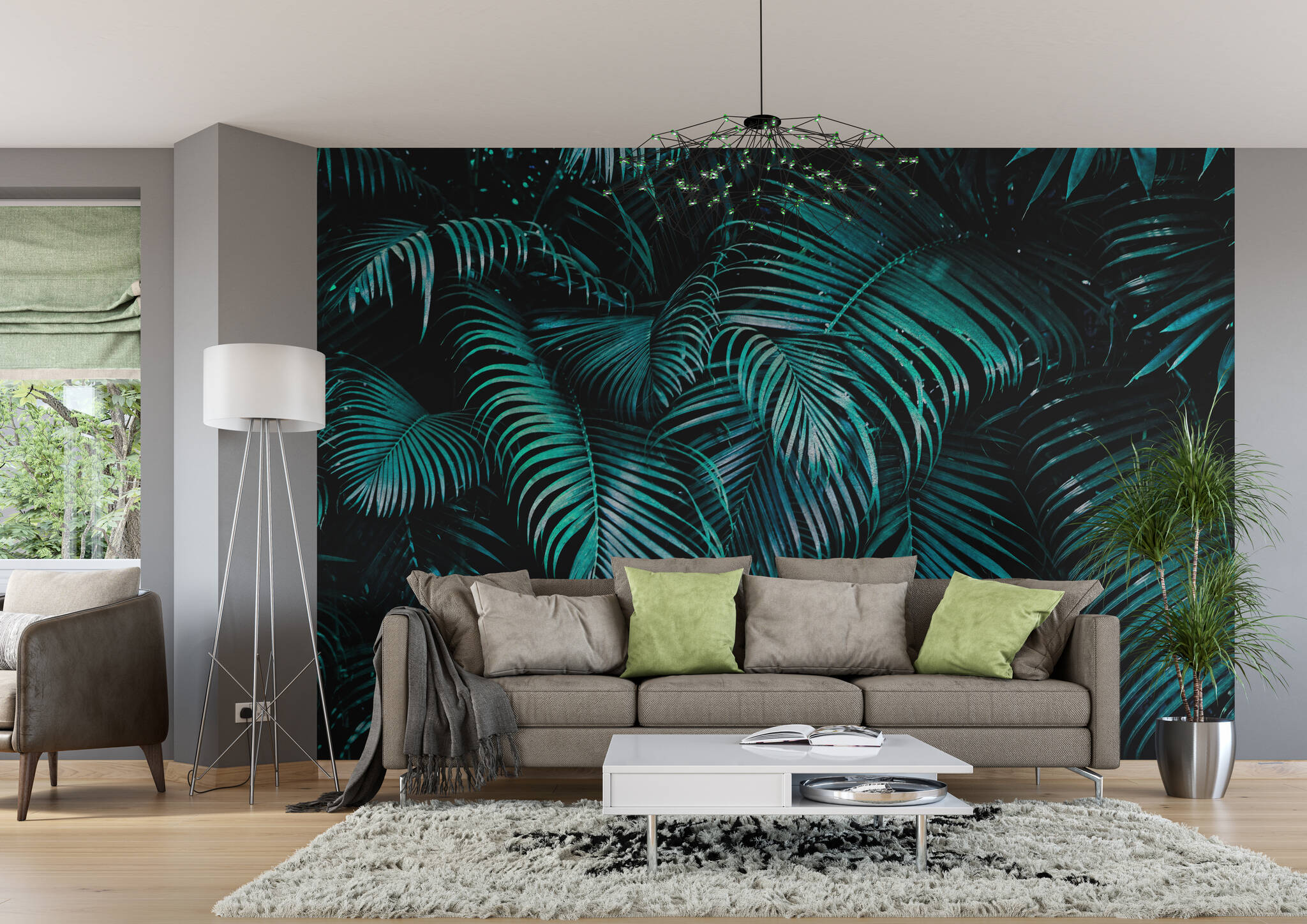 Wohnzimmer mit Fototapete - Blau-Grüne Palmenblätter mit 3D-Effekt in raumfüllendem Zoom