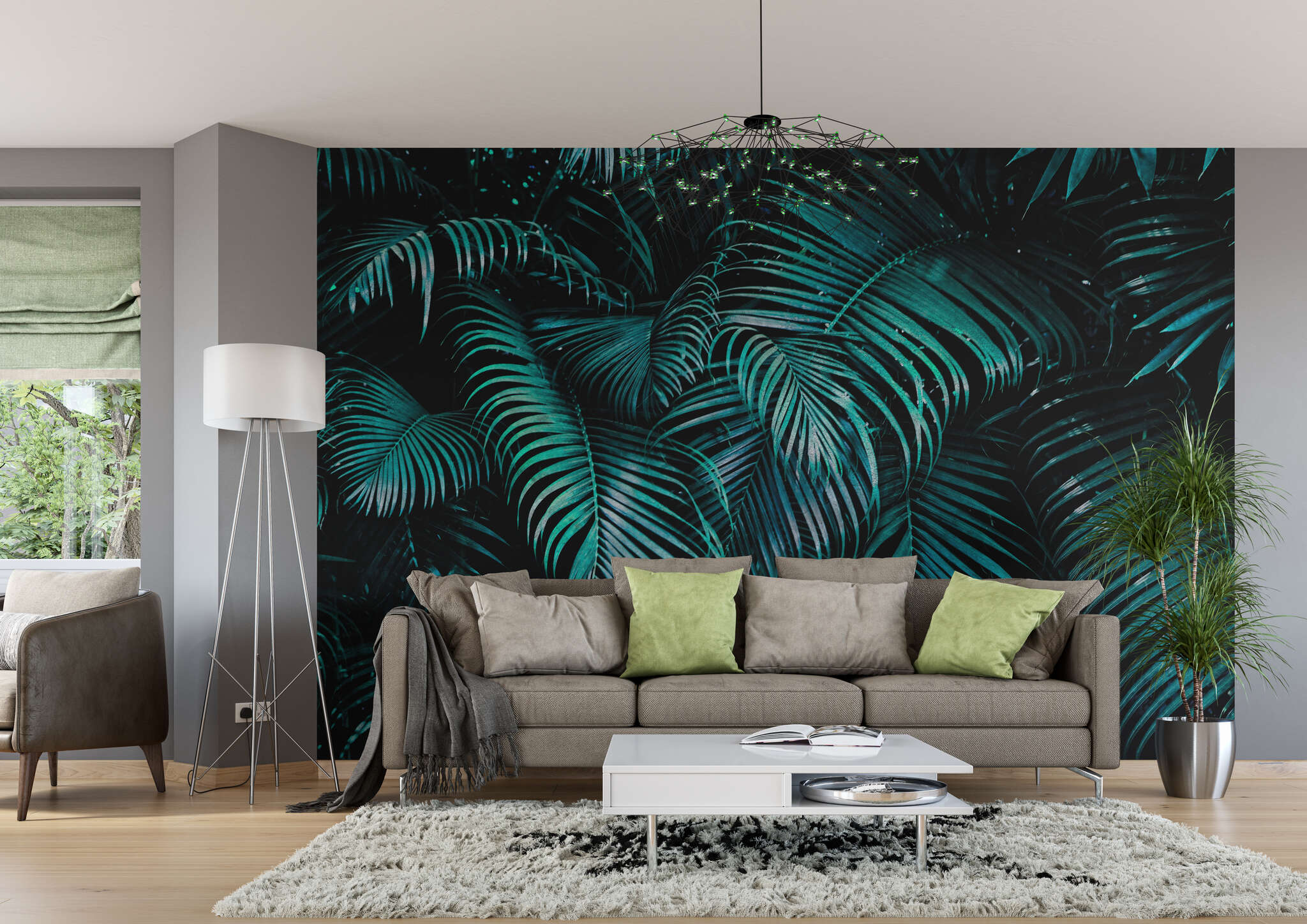 Wohnzimmer mit 363074 - Fototapete - Blau-Grüne Palmenblätter mit 3D-Effekt magicwalls Papier peint 363074