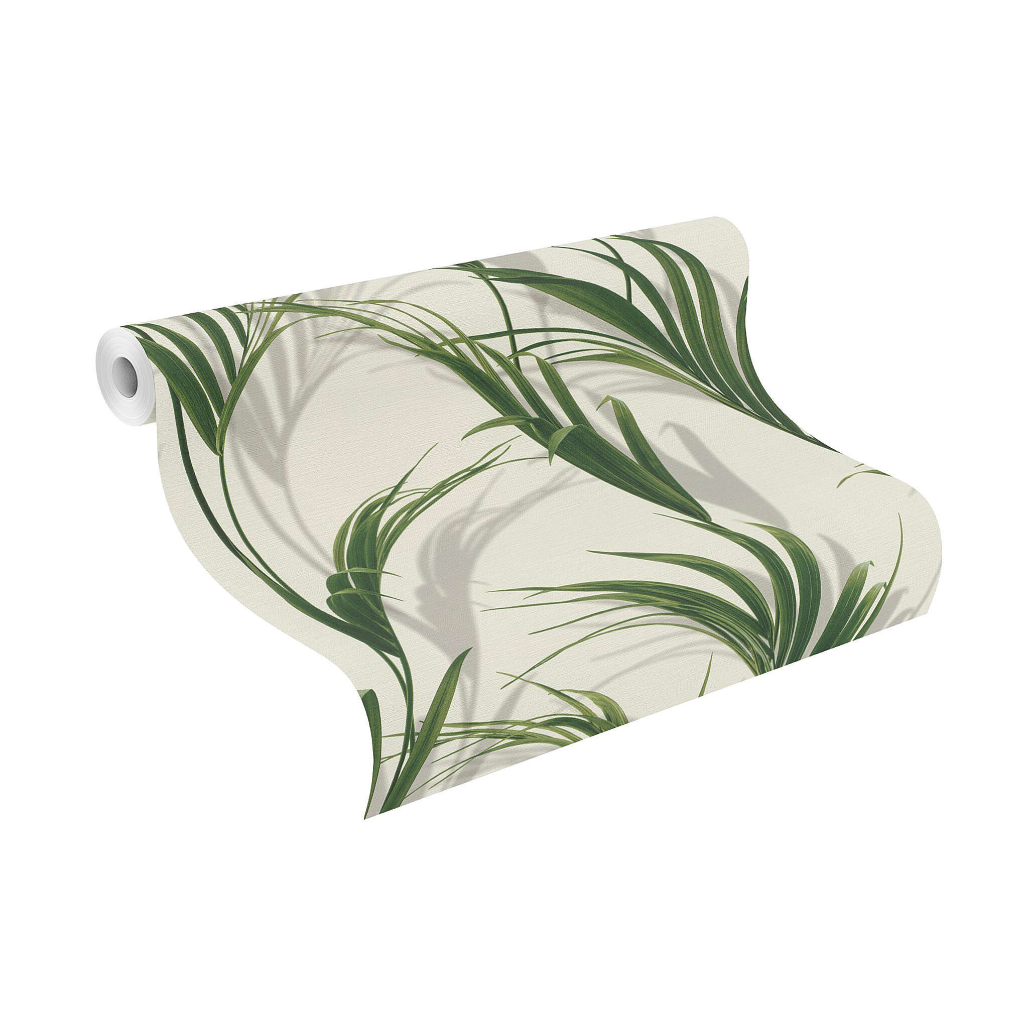 10-465112 Rolle abgerollt 1 Rouleau de déroulé avec Grandes feuilles de palmier vert frais sur fond blanc – aspect botanique avec un léger effet 3D.