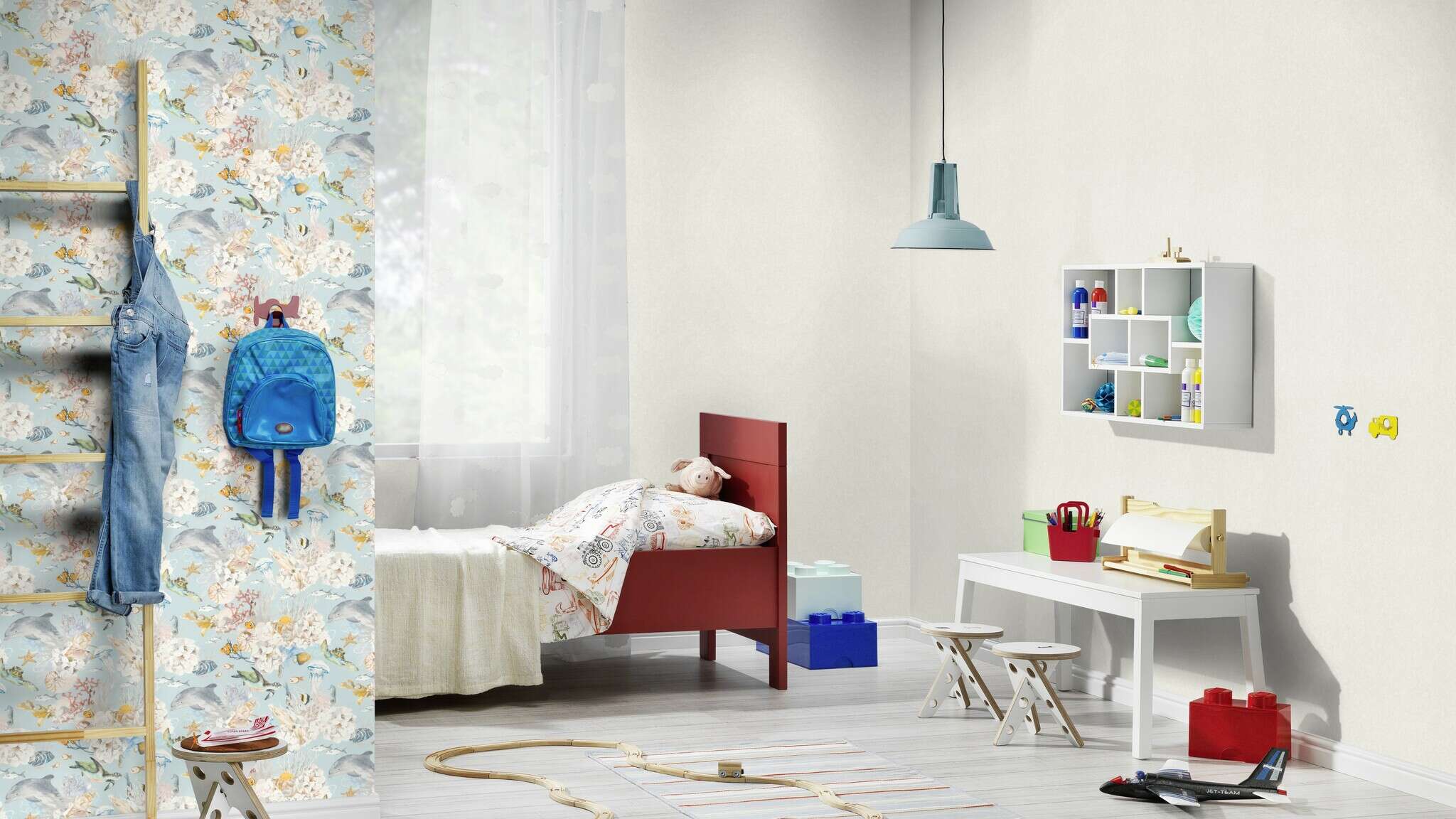 10-301328 Raumsituationen 2 Room with Underwater wallpaper with ocean motifs and colourful animals on a soft blue background – ideal for children's rooms