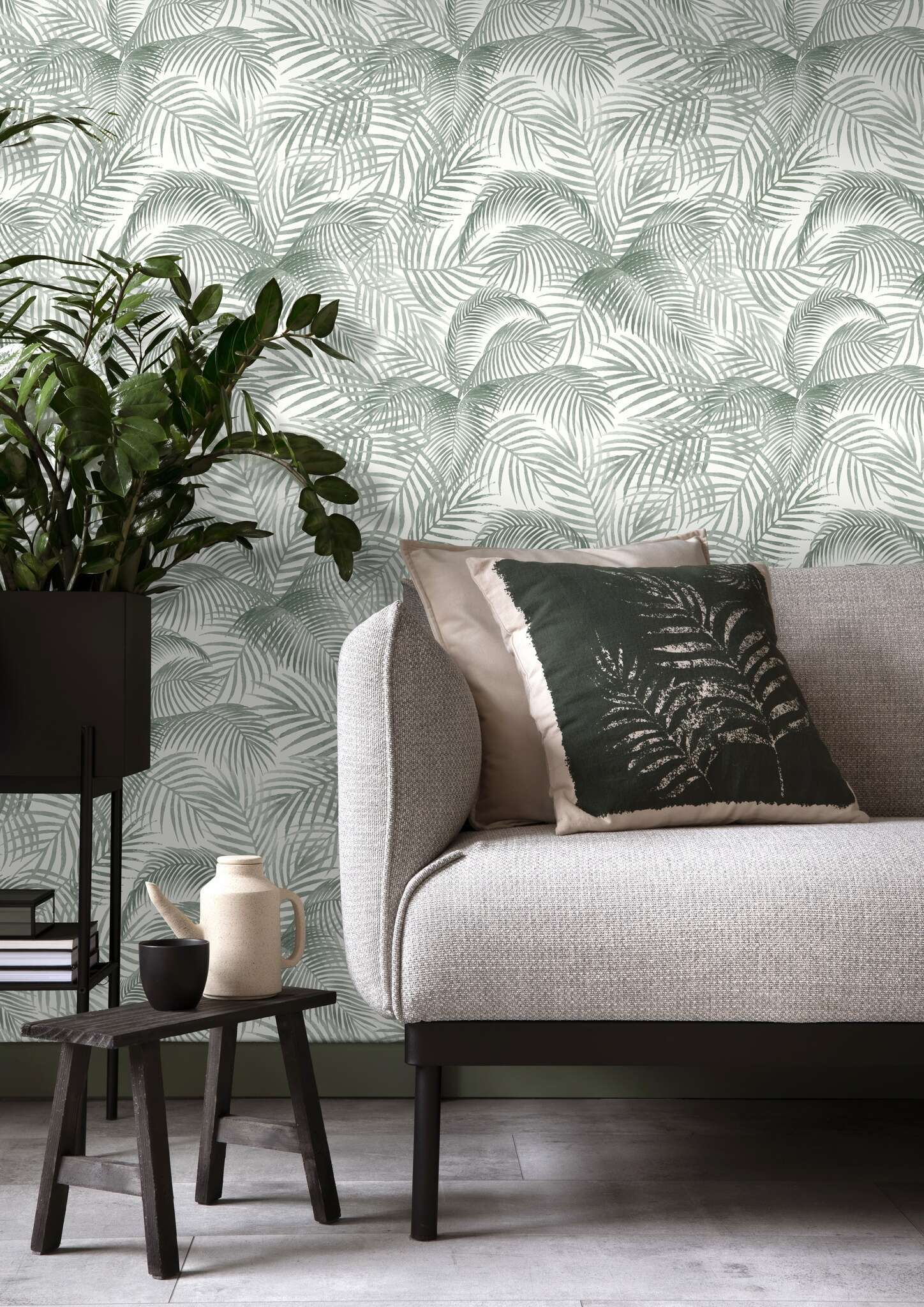 10-693003 Raumsituationen 1 Room with Sage green palm leaves in a watercolour look on a cream white background with a light texture