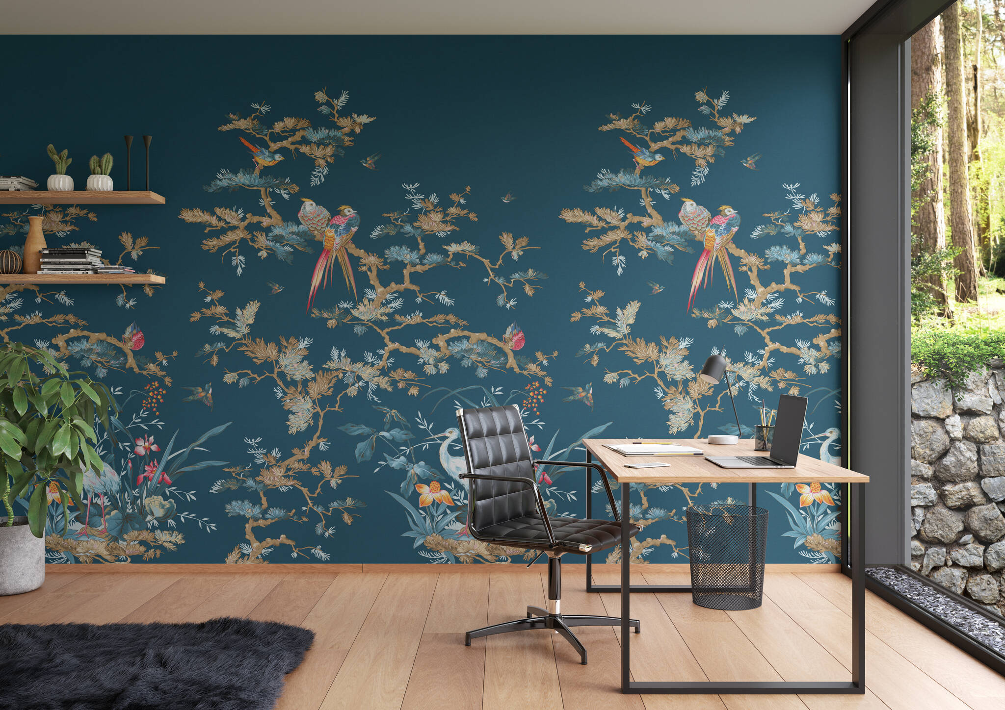 Arbeitszimmer mit Wandbild - Exotische Vogelwelt auf blauem Grund mit Storch, Papageigen und Singvögeln