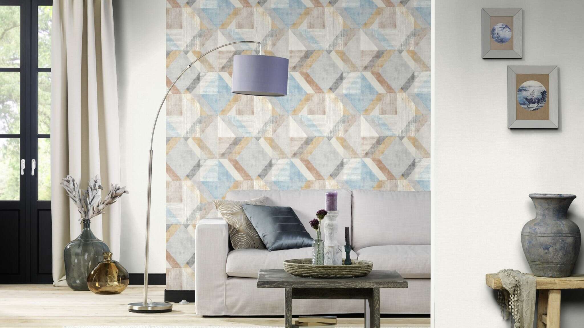 10-311907 Raumsituationen 7 Raum mit Moderne Tapete mit großflächigem Rautenmuster in Blau, Beige und Grau mit Vintage-Charakter