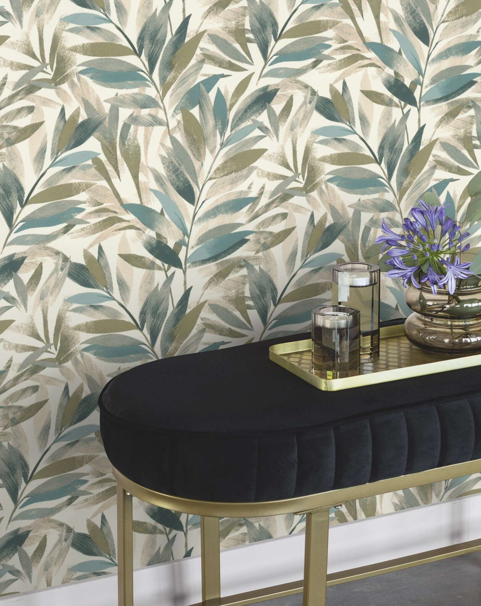 10-867640 Raumsituationen 2 Room with Stamped leaves in ivory, olive and petrol on a dark brown background