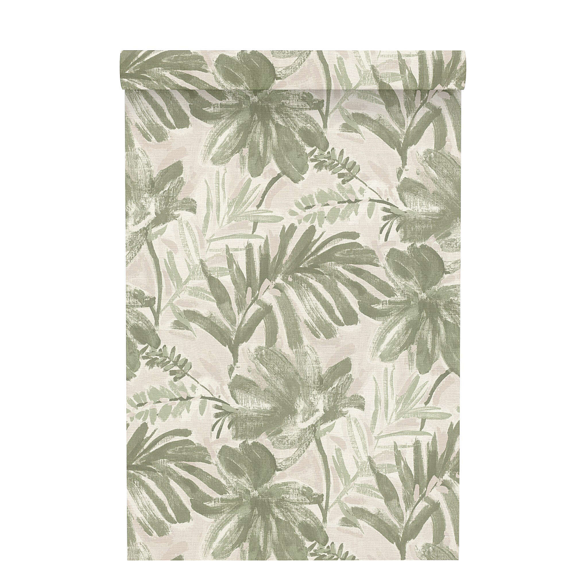 10-693706 Rolle abgerollt 1 Unrolled wallpaper roll with Leaves in plants in green and olive in rough brushstrokes on a lightly textured background in rosé