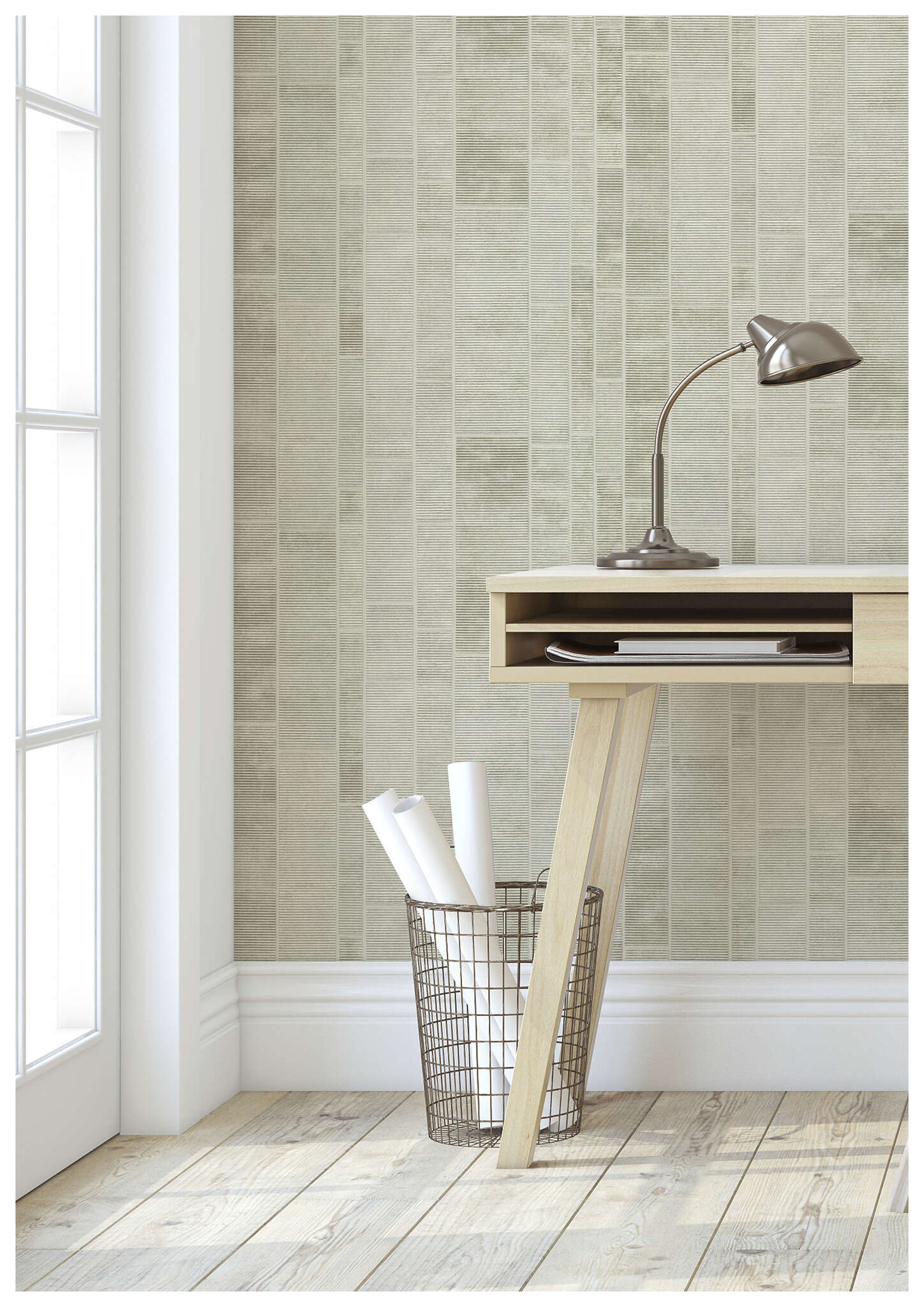 10-428209 Raumsituationen 6 Room with Non-woven wallpaper with rectangular tile pattern in various beige tones with concrete texture.