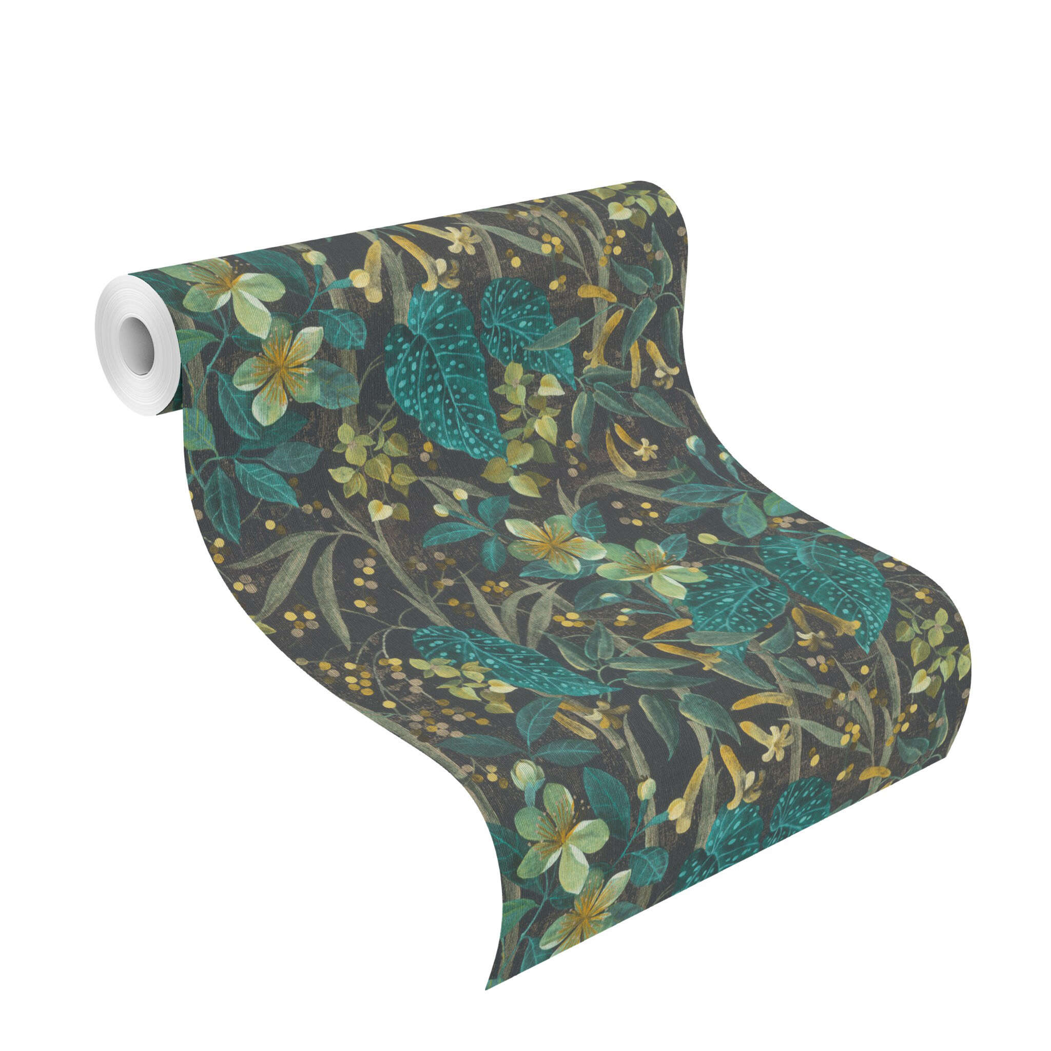 10-538243 Rolle abgerollt 1 Unrolled wallpaper roll with Leaf wallpaper with flowers and plants