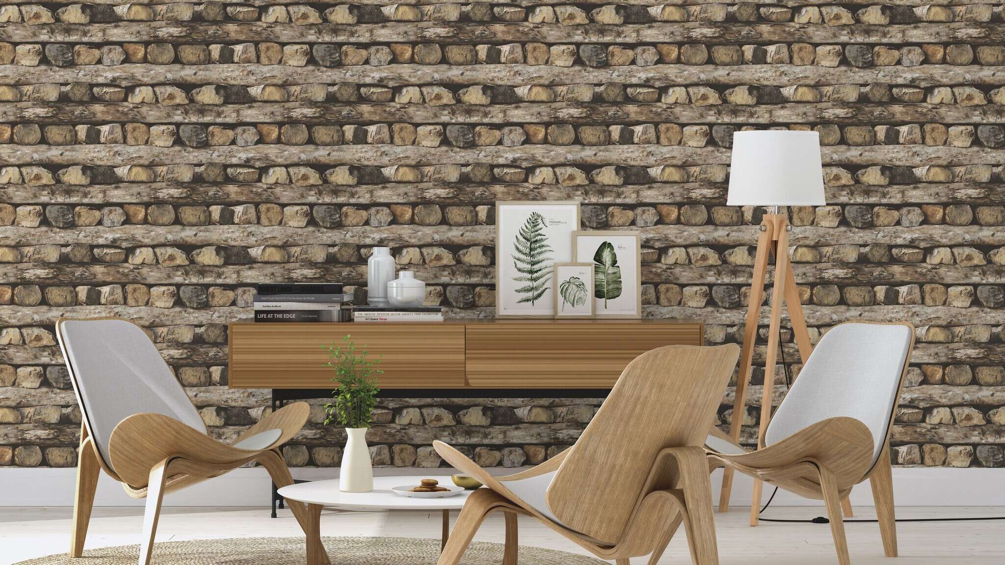 10-931808 Raumsituationen 3 Room with Wallpaper with photorealistic logs