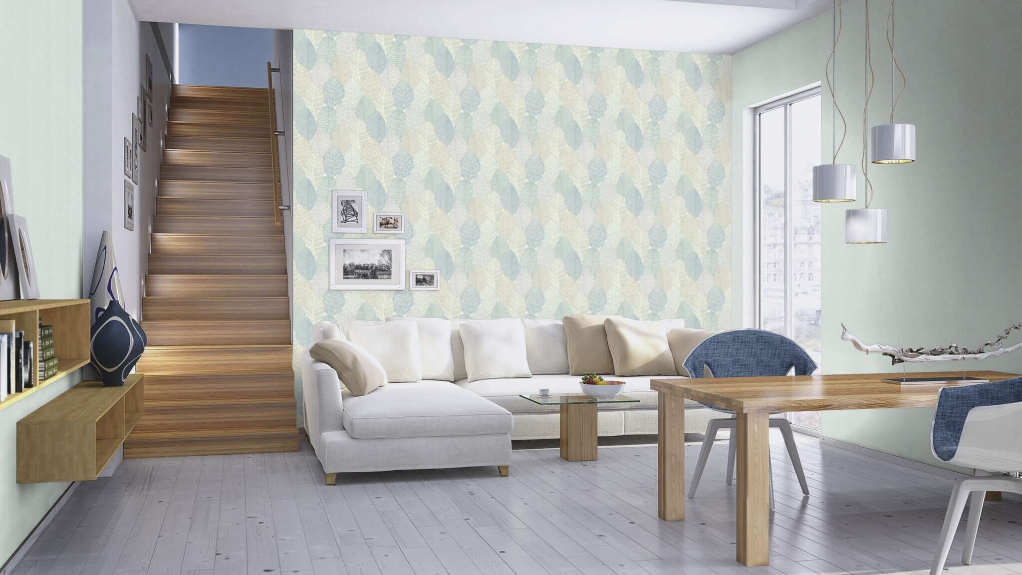 10-867114 Raumsituationen 3 Room with Large leaves in blue and green, sketched in different styles with small dots or fine lines on a white background