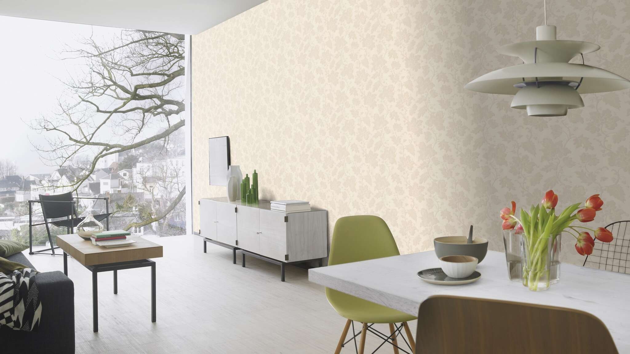 10-570434 Raumsituationen 1 Room with Flowers and leaves on a fine fabric background in silver grey tones