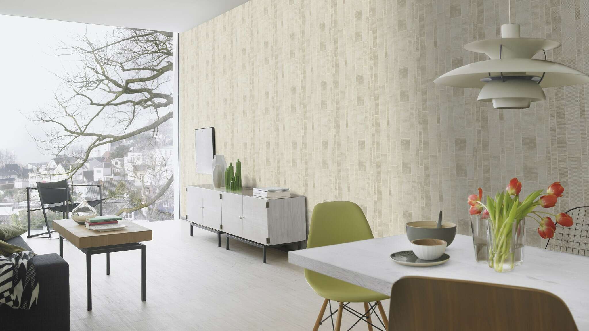 10-428209 Raumsituationen 1 Room with Non-woven wallpaper with rectangular tile pattern in various beige tones with concrete texture.