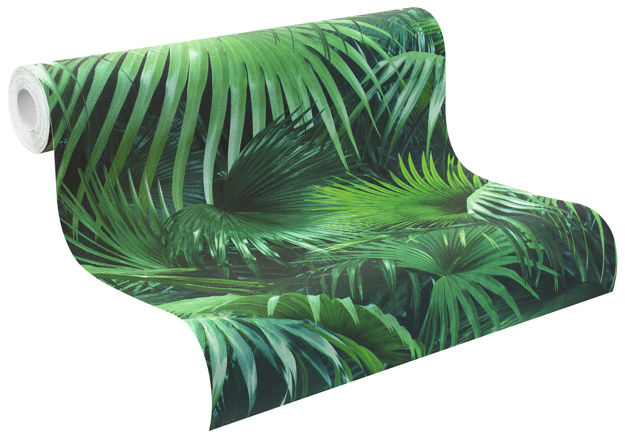 10-524901 Rolle abgerollt 1 Unrolled wallpaper roll with Palm wallpaper with a light texture