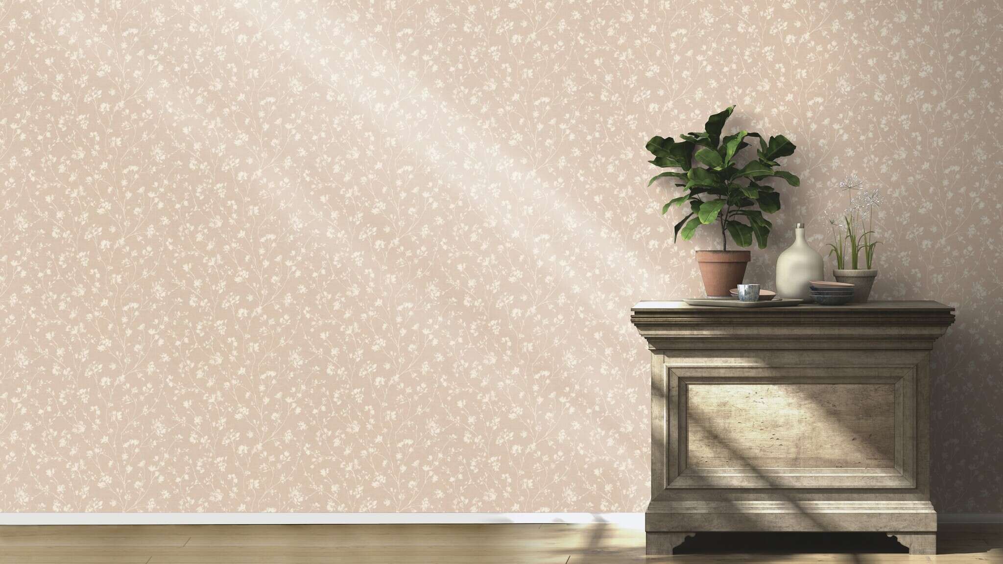 10-463811 Raumsituationen 2 Room with Light, delicate flowers on a beige background – a soft, calm design for natural interior design.