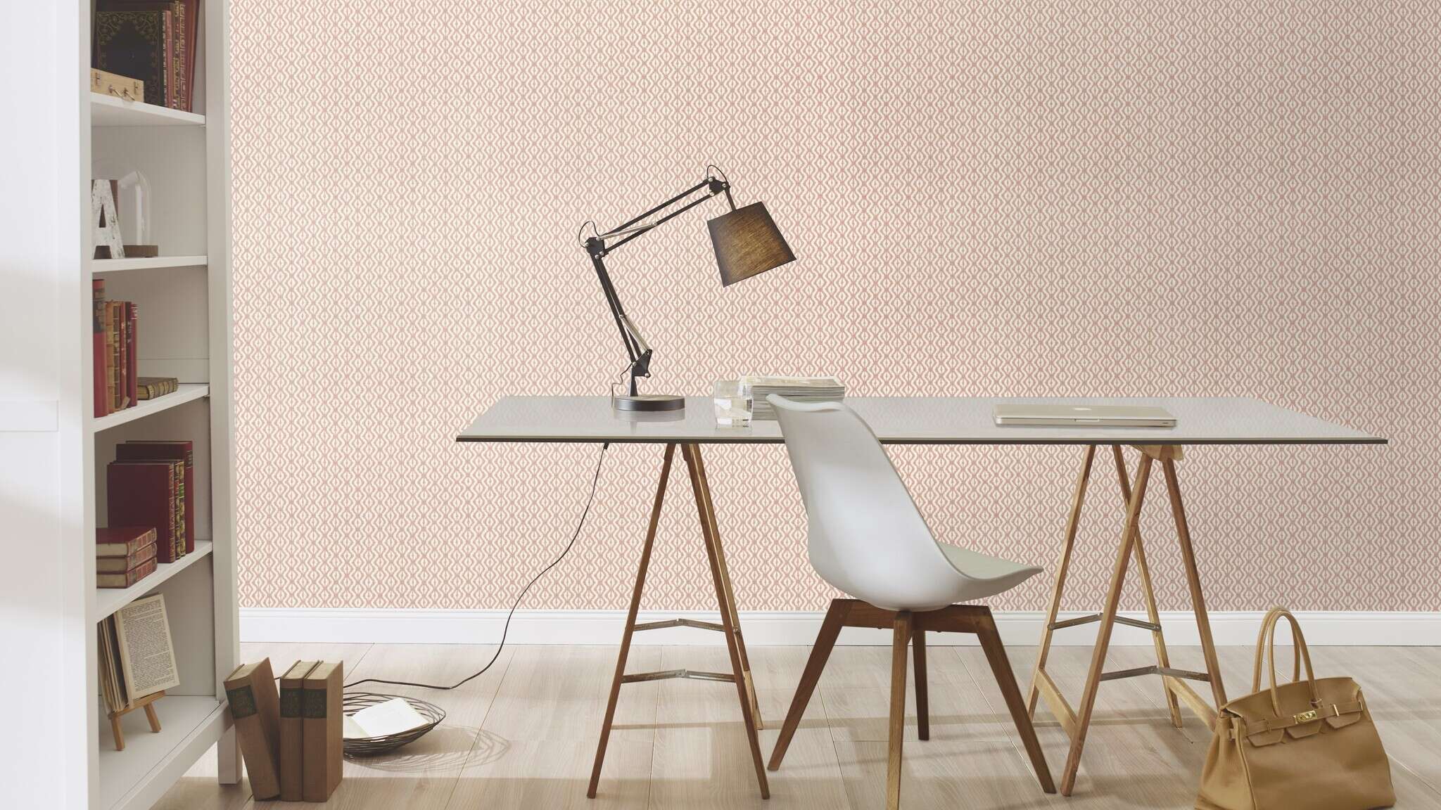 10-410662 Raumsituationen 1 Room with Non-woven wallpaper with a small diamond pattern in terracotta and white with a textile-like texture.