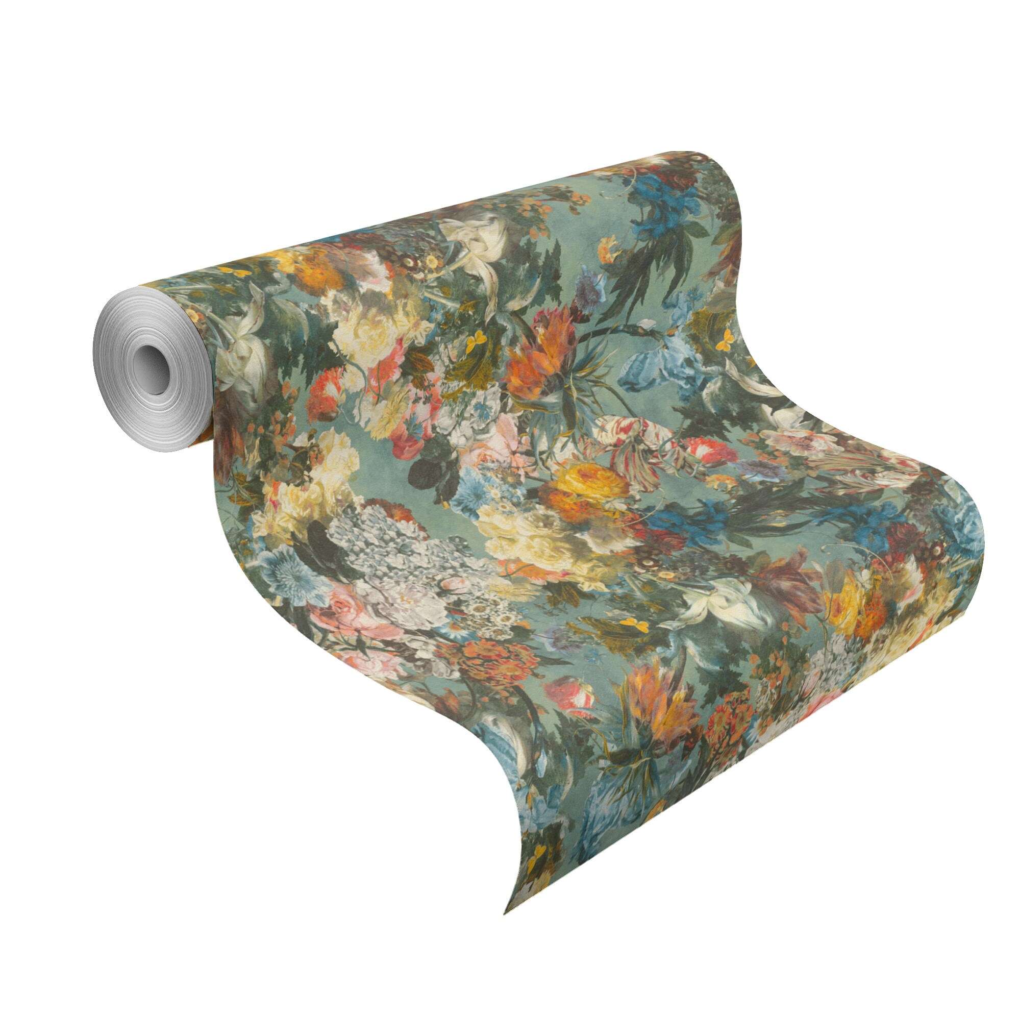 10-605655 Rolle abgerollt 1 Unrolled wallpaper roll with Wallpaper with lush floral pattern in vintage style