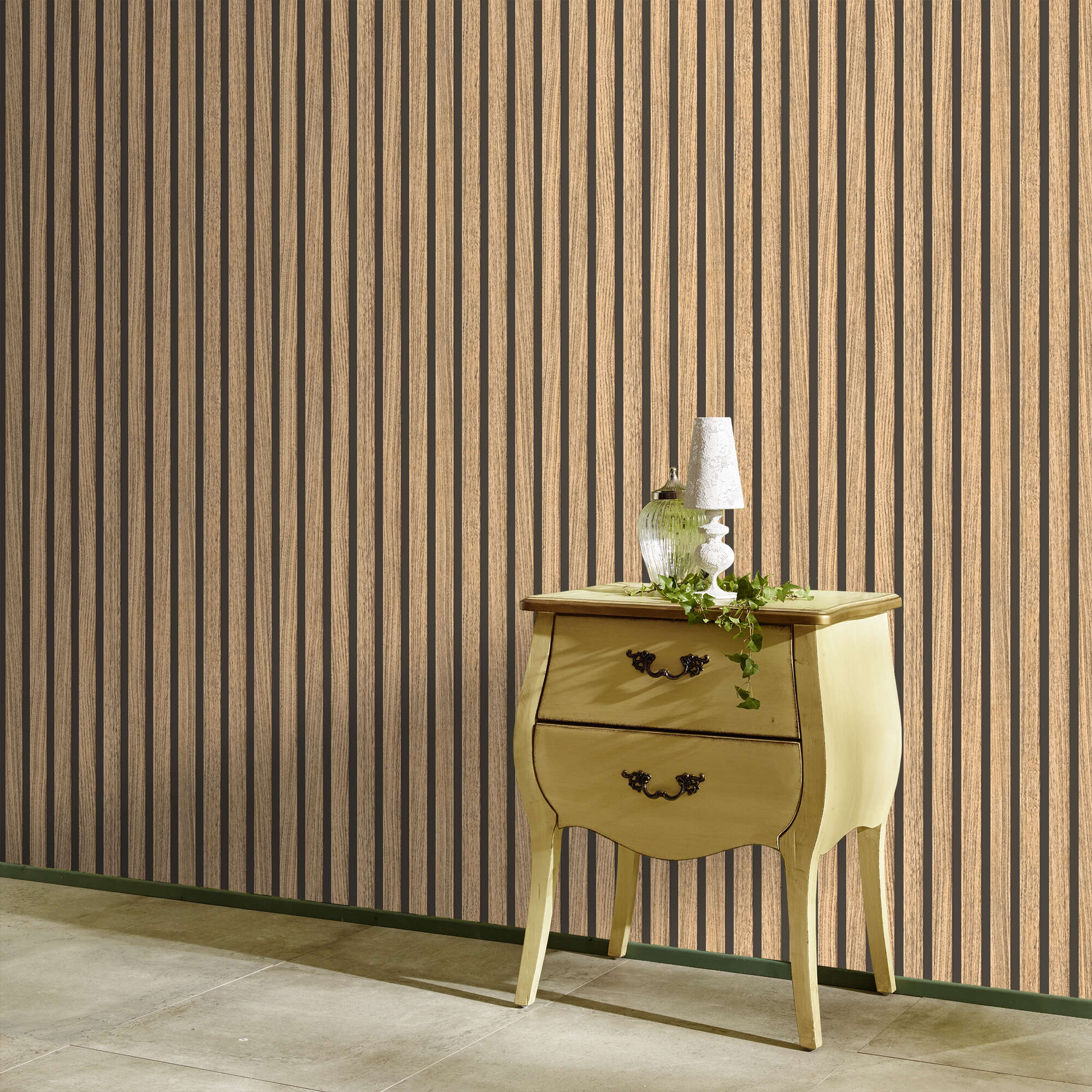 10-278408 Raumsituationen 3 Room with Wallpaper with alternating light and dark wood stripes for a modern, natural wall look