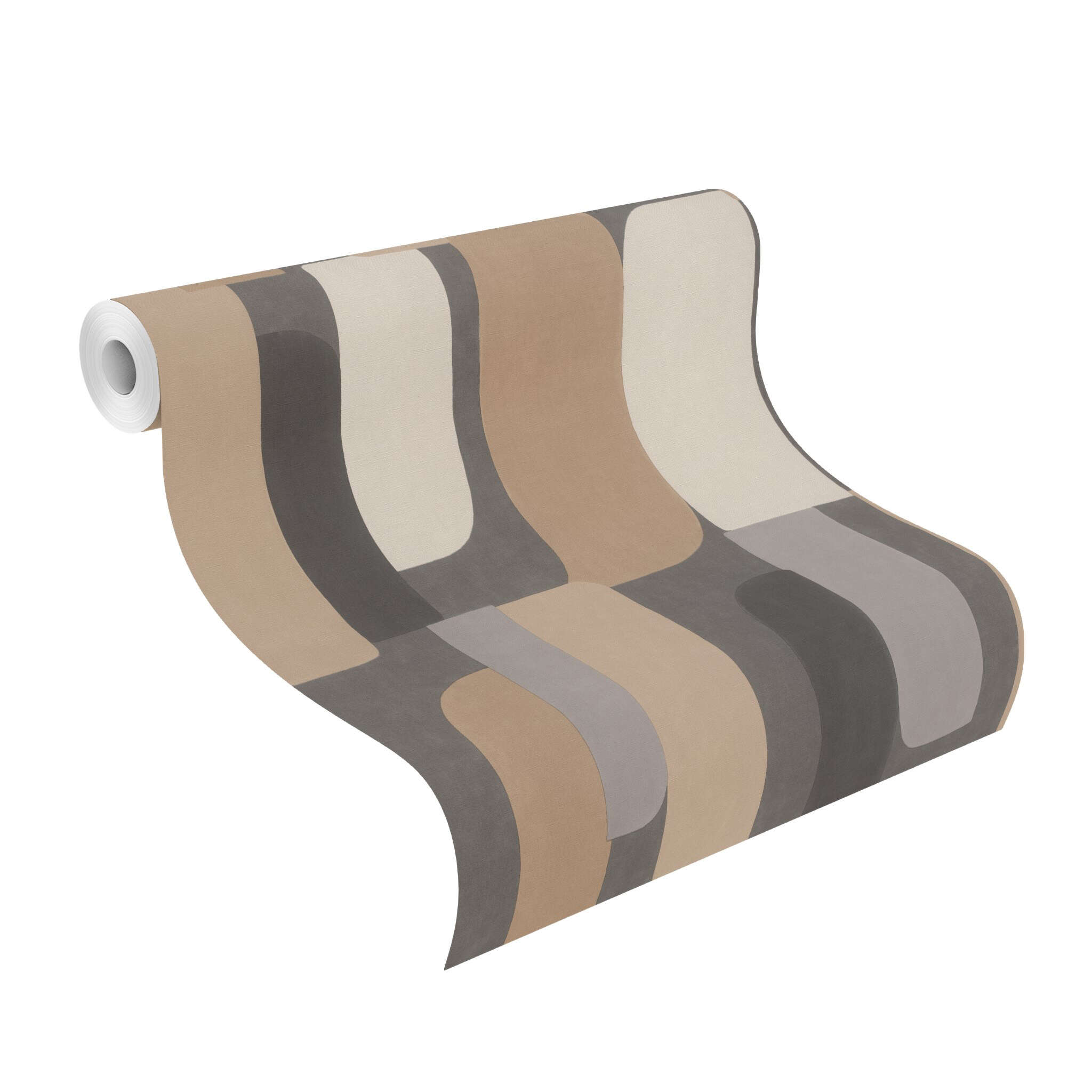 10-330533 Rolle abgerollt 1 Rollenabbildung mit Tapete im Mid-Century-Stil in Beige-, Braun- und Grautönen – warm, ruhig und stilvoll.