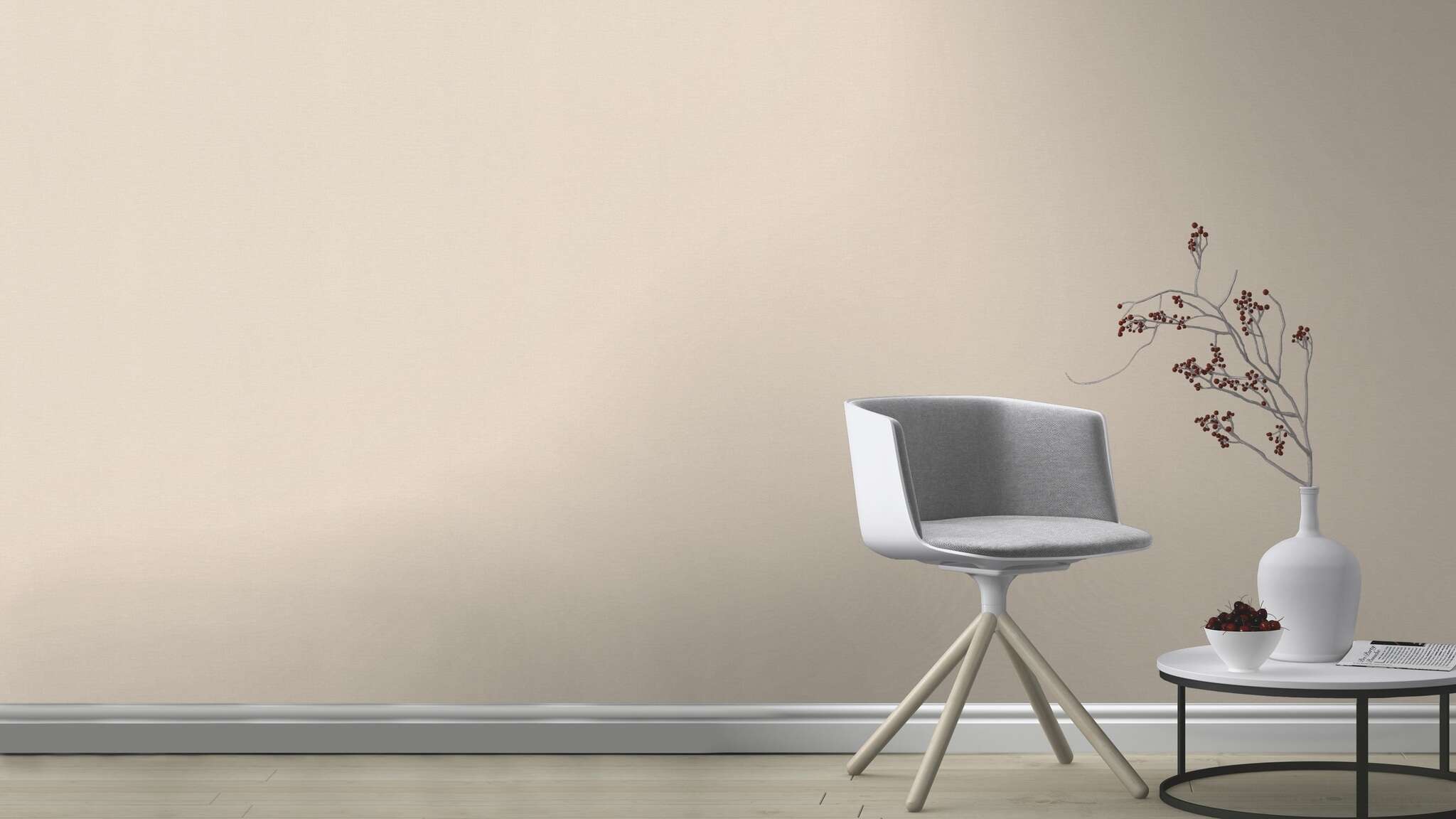 10-448559 Raumsituationen 4 Room with Light non-woven wallpaper in apricot with a slightly textured surface – gives the room a warm, friendly atmosphere.