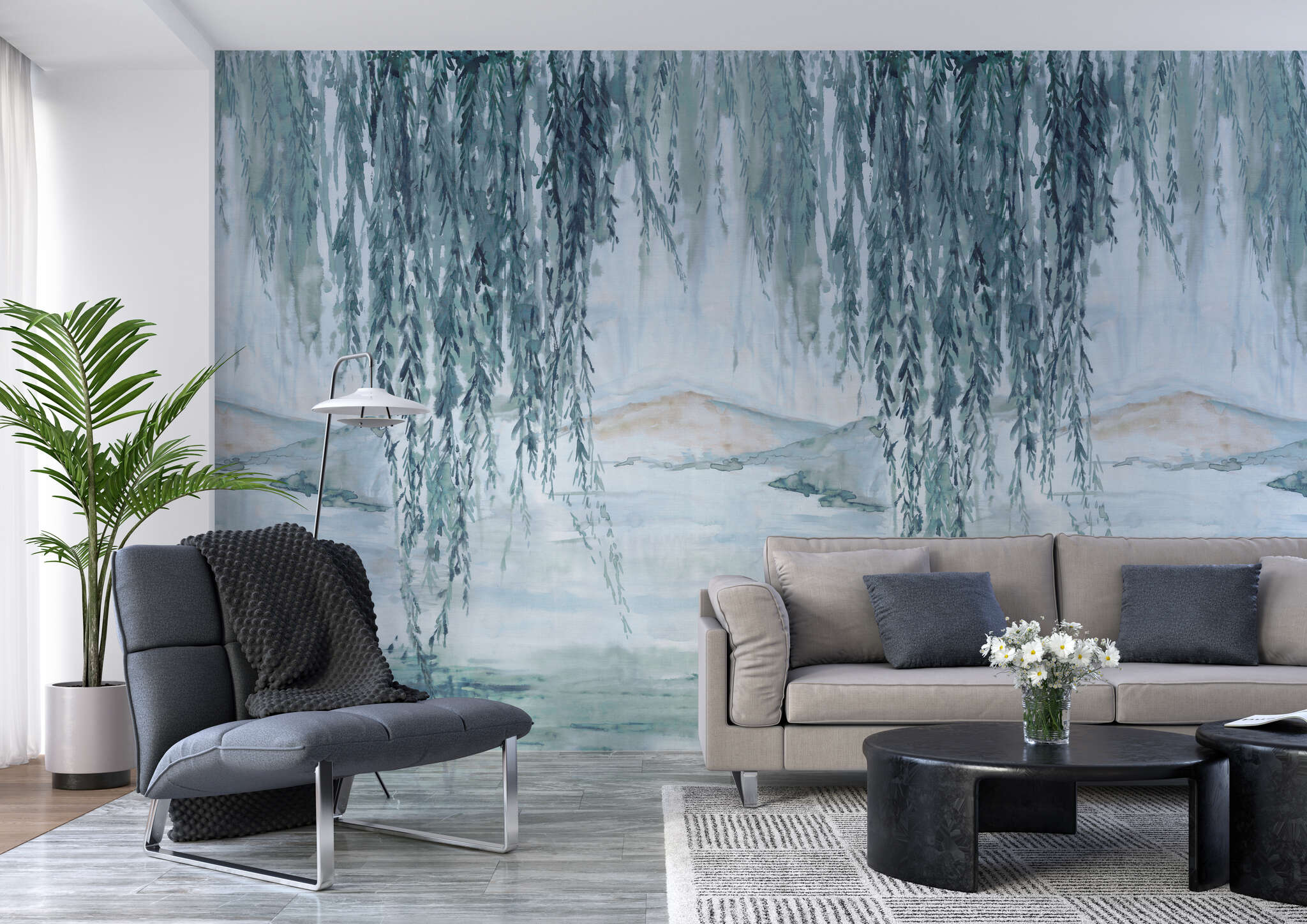 Wohnzimmer mit 360776 - Wandbild - Gemälde mit Blick auf Berge in blau magicwalls photo wallpaper 360776