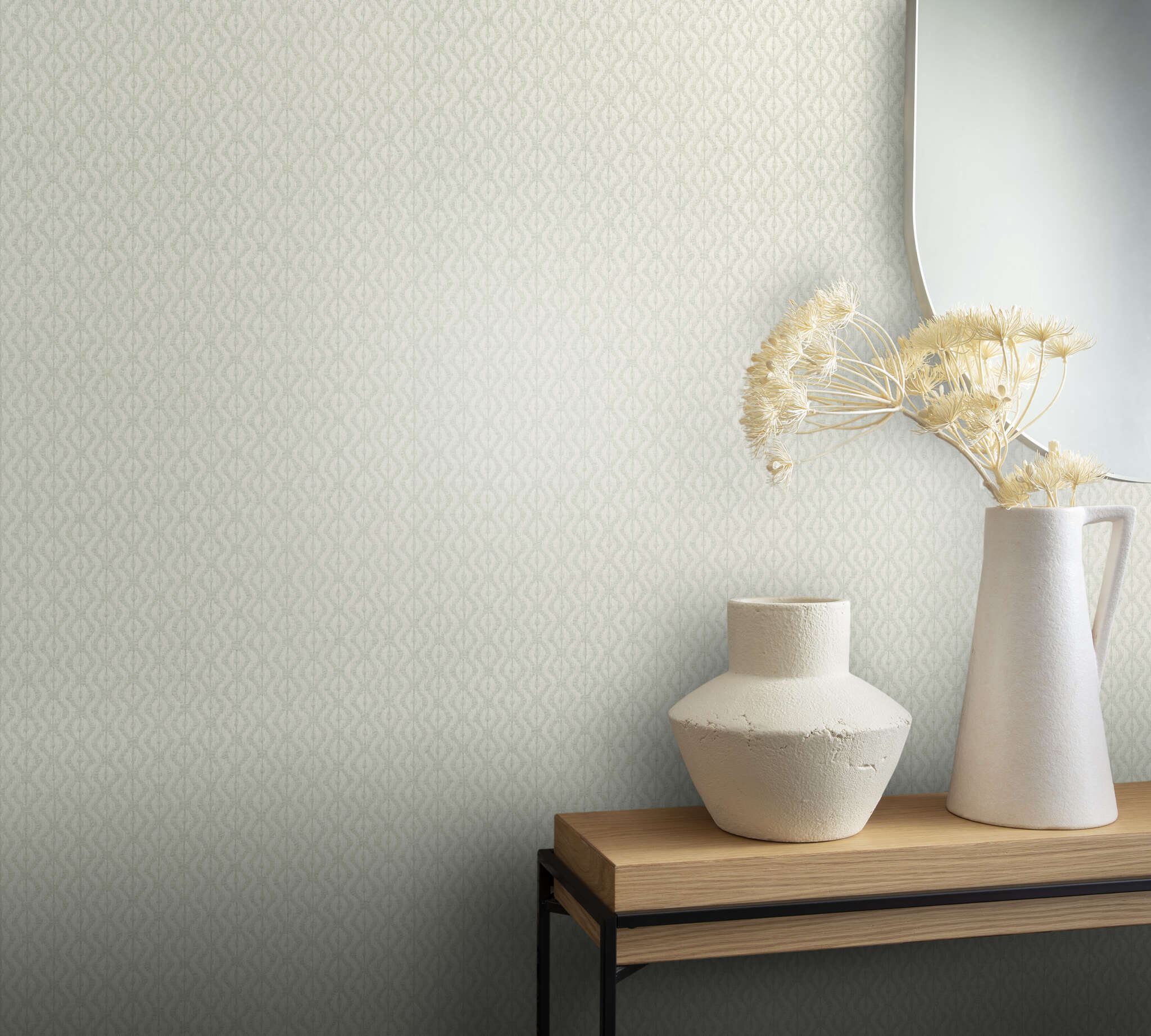 10-410686 Raumsituationen 2 Room with Non-woven wallpaper with a small diamond pattern in white with a textile-like texture.