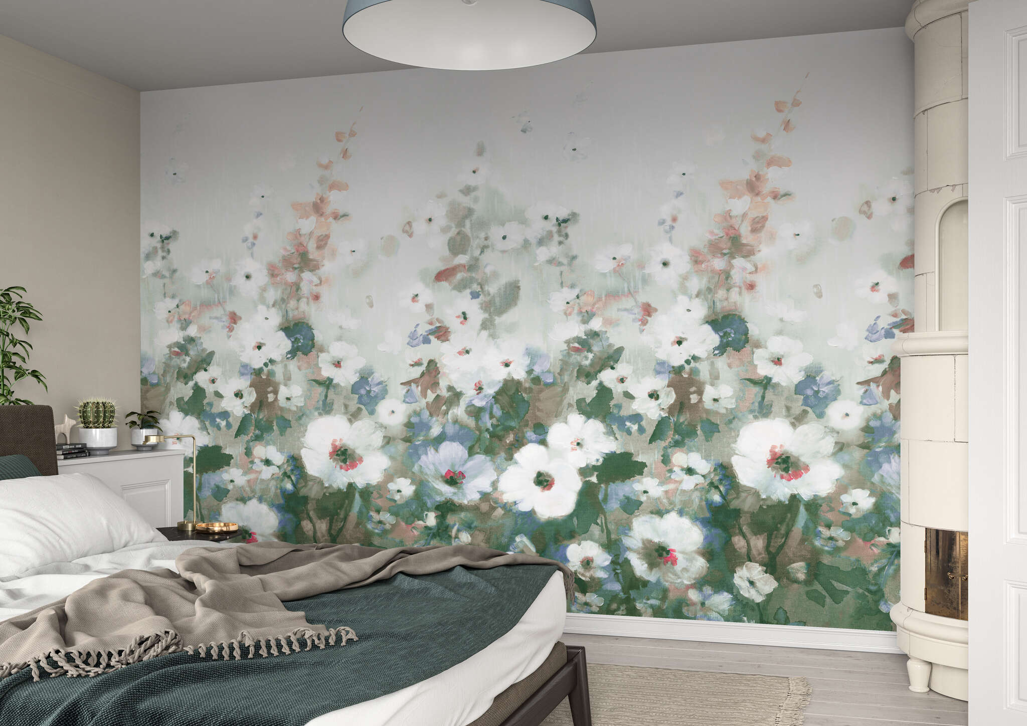 Schlafzimmer mit 360851 - Wandbild - Sommerblumenwiese in zartem Grün und blauen Highlights magicwalls Papier peint 360851