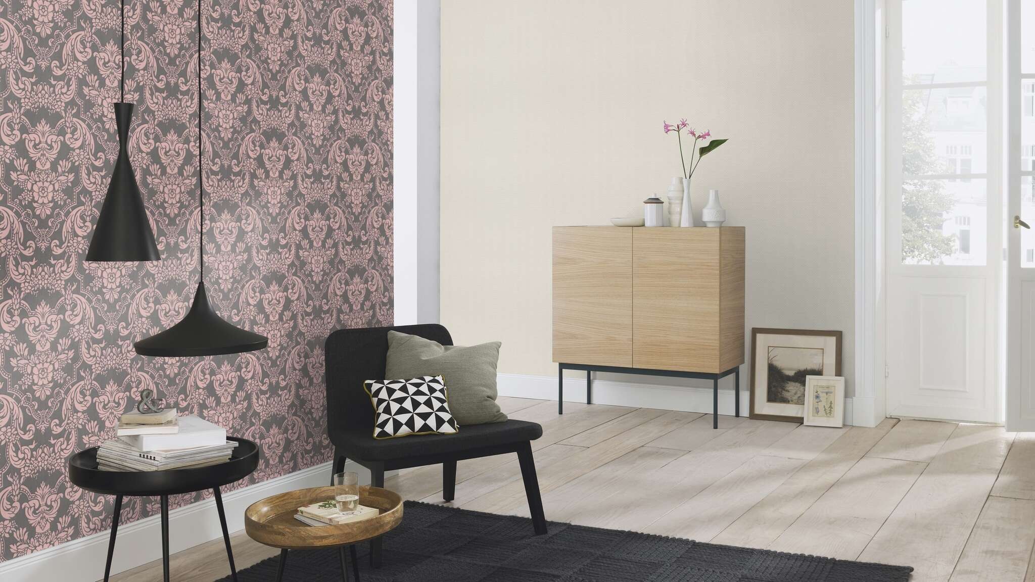 10-570649 Raumsituationen 3 Room with Pink ornaments on graphite-coloured fabric in 3D look