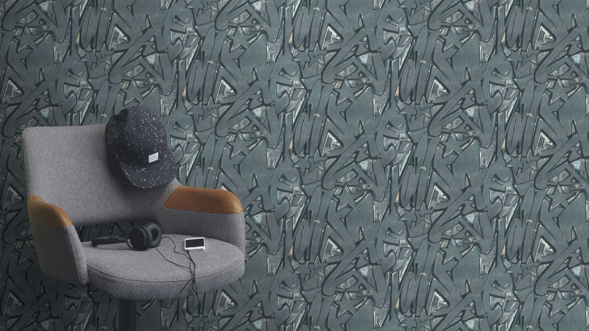 10-202021 Raumsituationen 2 Room with Wallpaper with a dark graffiti pattern in black and grey with an urban street art aesthetic