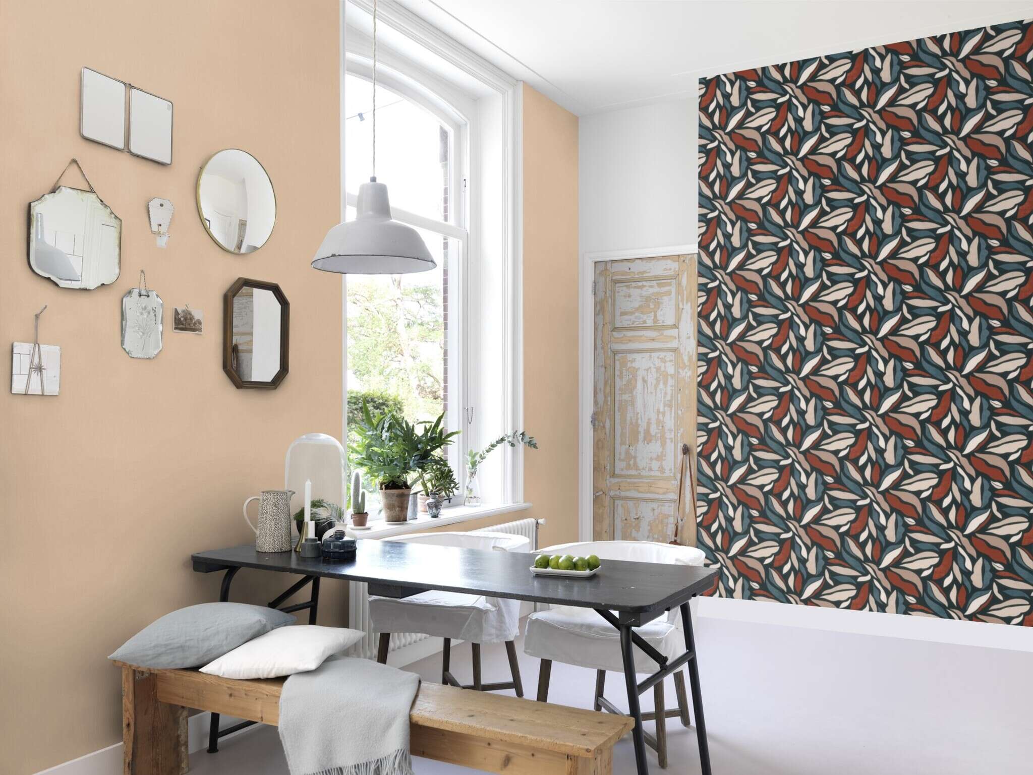 10-869309 Raumsituationen 3 Room with Abstract leaves in curved shapes in blue, rust red, beige and taupe