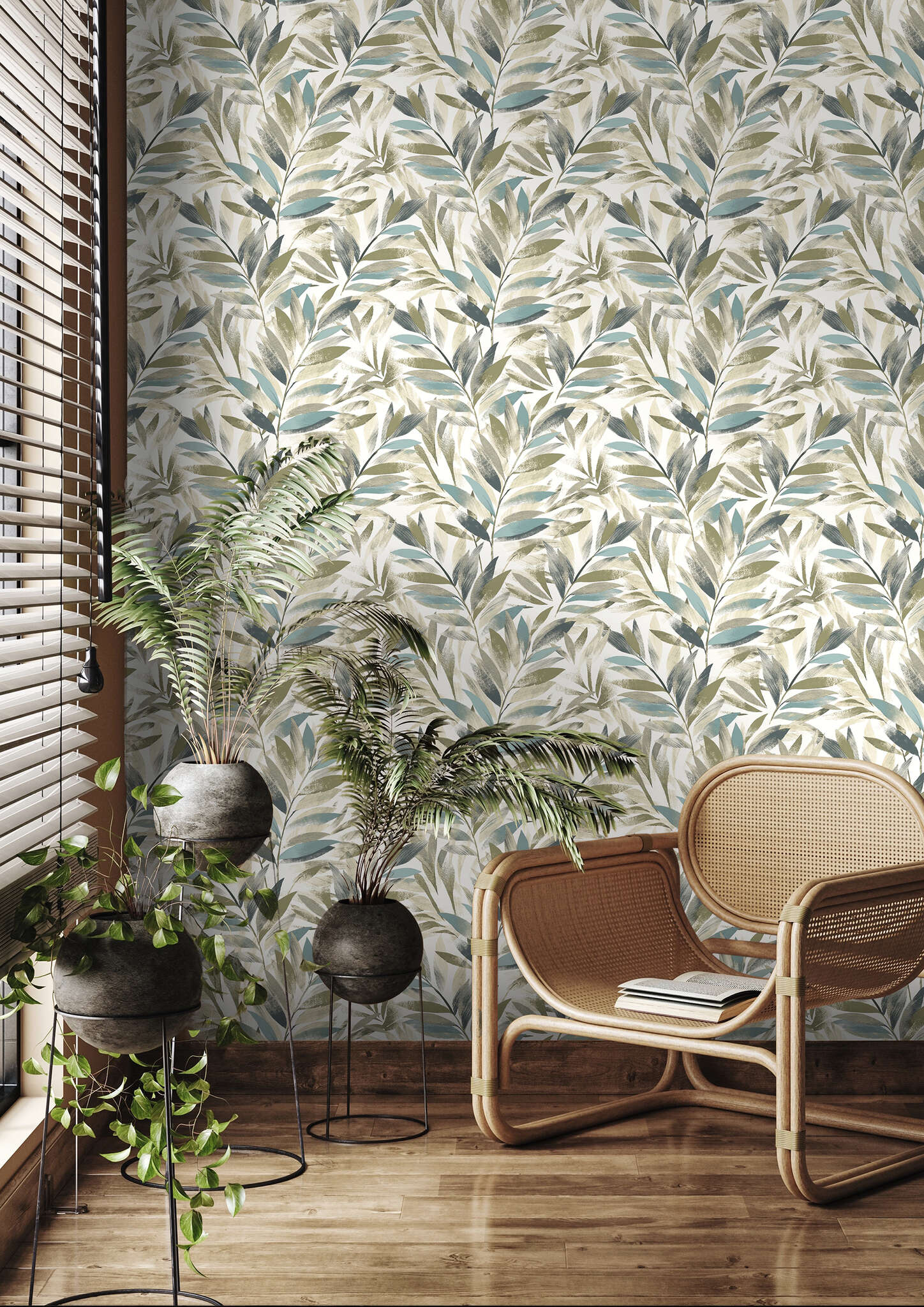 10-867640 Raumbilder 2 Room with Stamped leaves in ivory, olive and petrol on a dark brown background