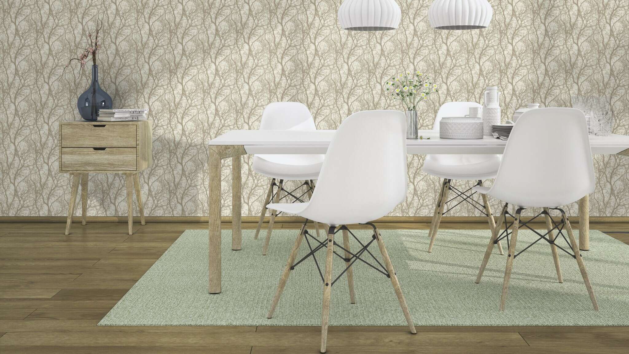 10-633245 Raumsituationen 1 Room with Abstract wallpaper with overlapping branches and coarse texture