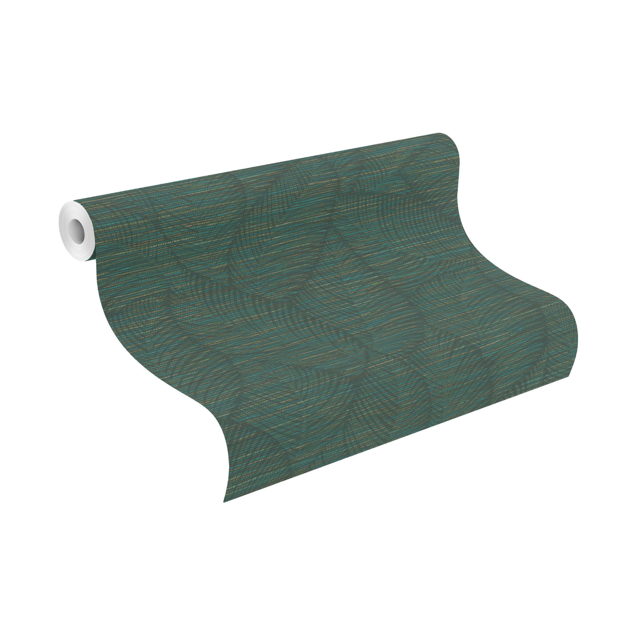 10-866827 Rolle abgerollt 1 Unrolled wallpaper roll with Coarse fabric pattern in shades of green with foliage in dark green