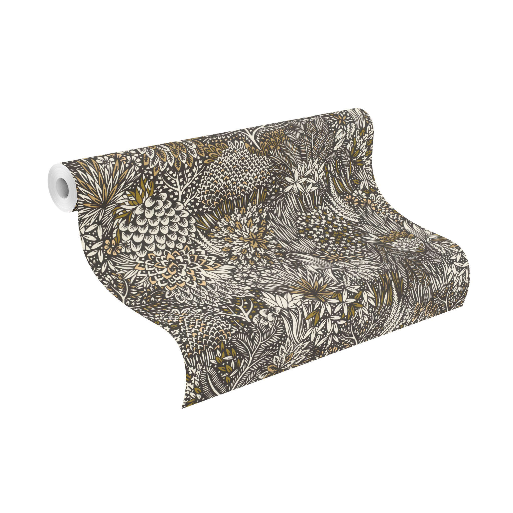10-866117 Rolle abgerollt 1 Unrolled wallpaper roll with Imaginative wallpaper with leaves, needles and twigs
