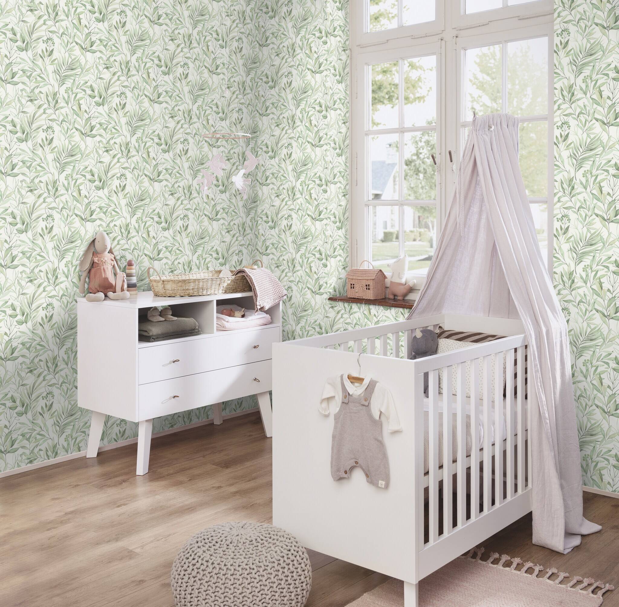 10-286052 Raumsituationen 6 Room with Botanical wallpaper with various types of leaves in a watercolour look on a white background