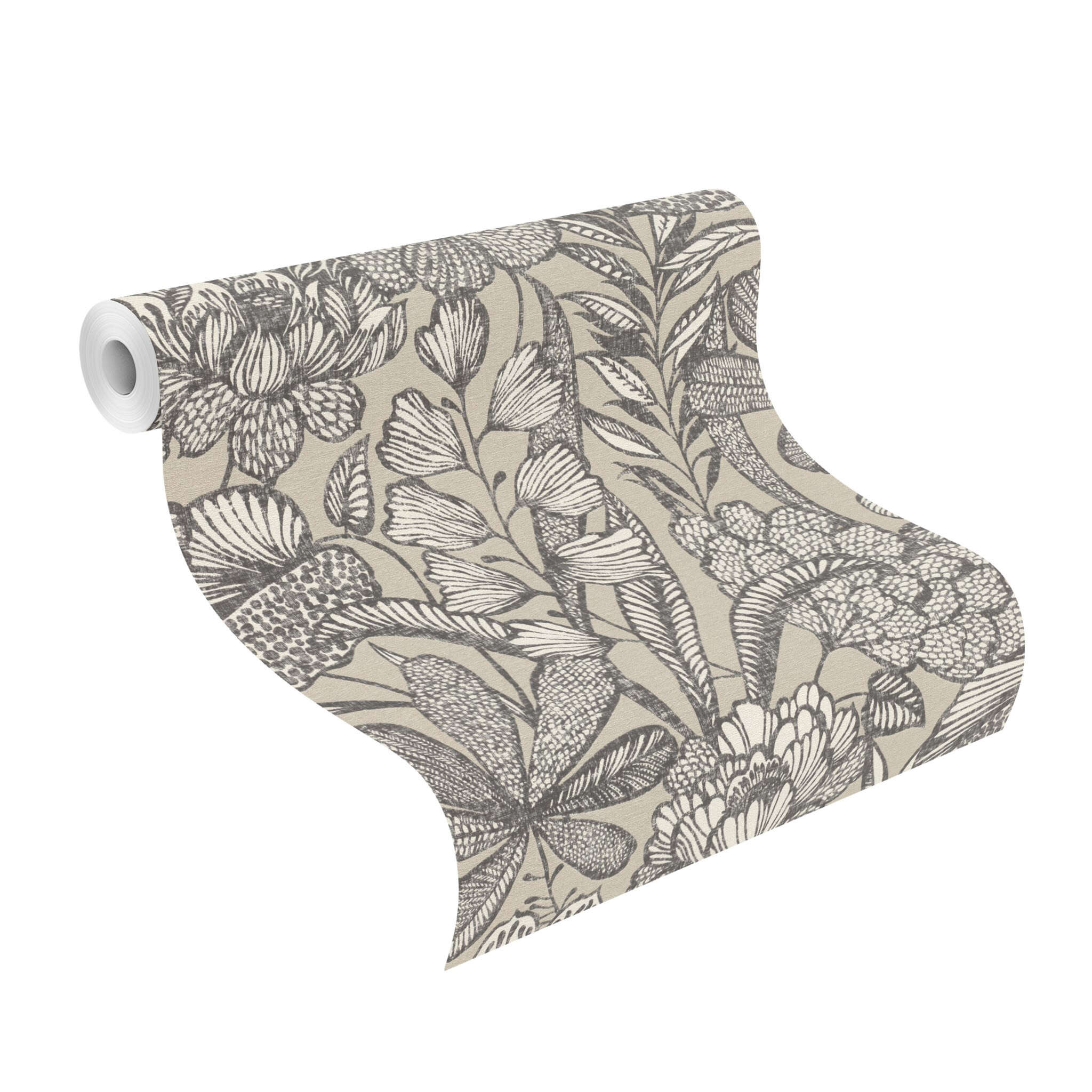 10-555332 Rolle abgerollt 1 Unrolled wallpaper roll with Botanical wallpaper with large plants and leaves