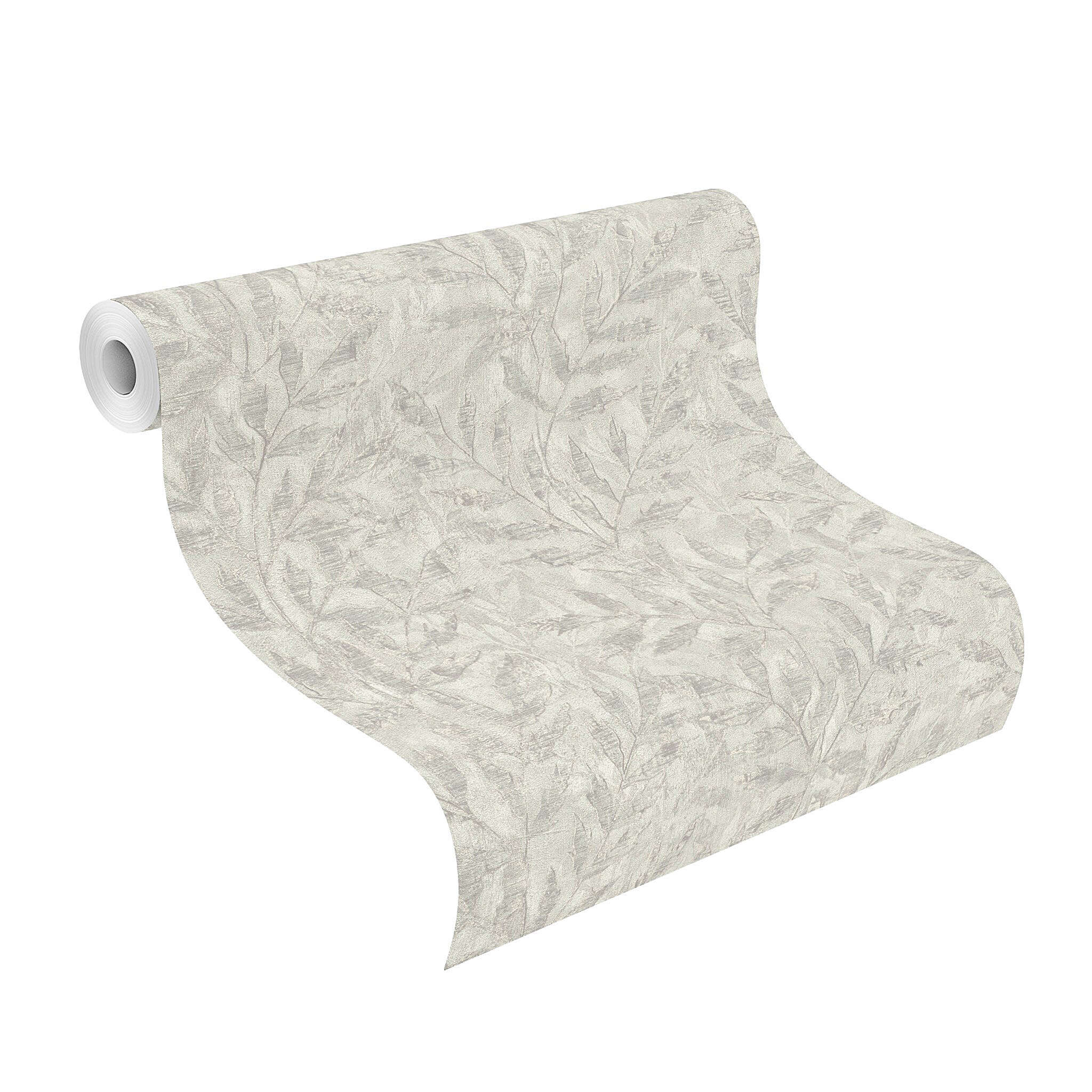 10-315011 Rolle abgerollt 1 Rouleau de déroulé avec Papier peint ton sur ton avec un délicat relief de feuilles dans un gris clair moderne – élégant et subtil.