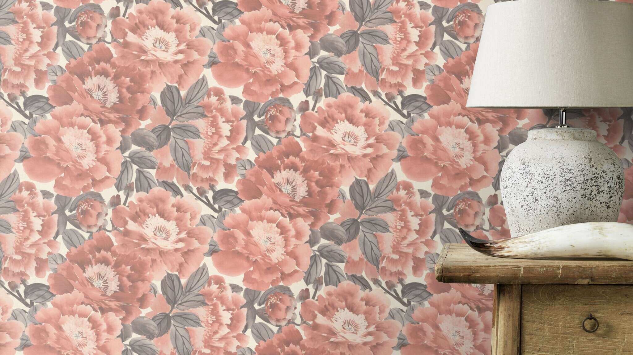 10-408331 Raumsituationen 2 Non-woven floral wallpaper in pink-olive Selection 408331
