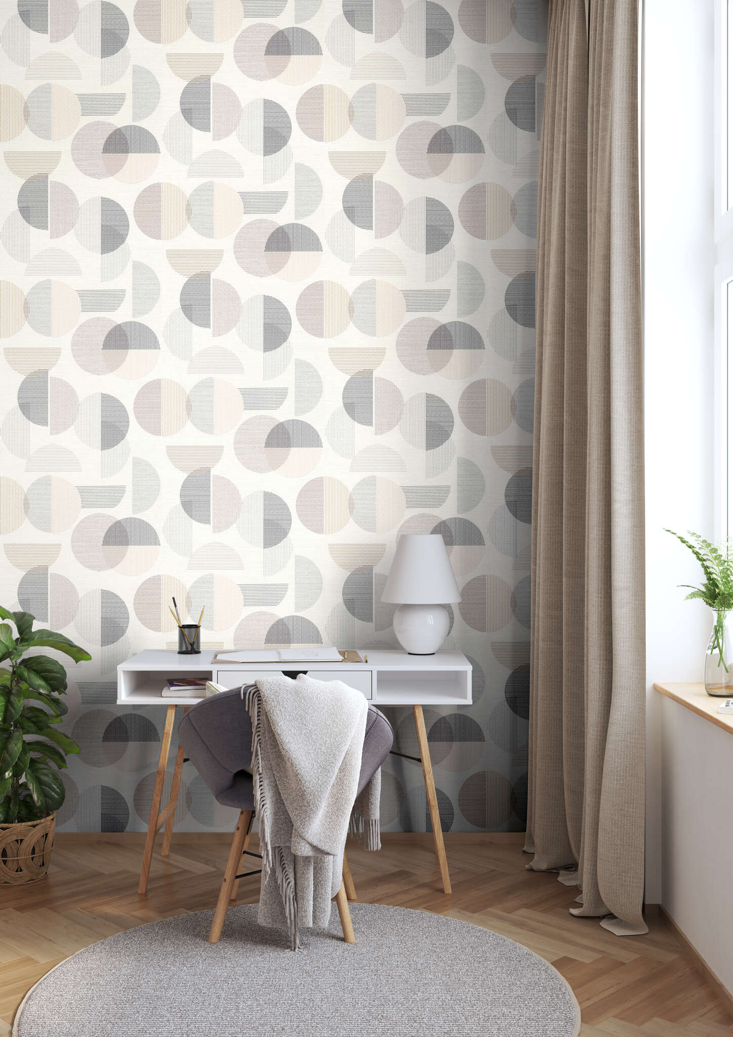 Raum mit Tapete mit Linien und Halbkreisen und geometrischer Schraffierung