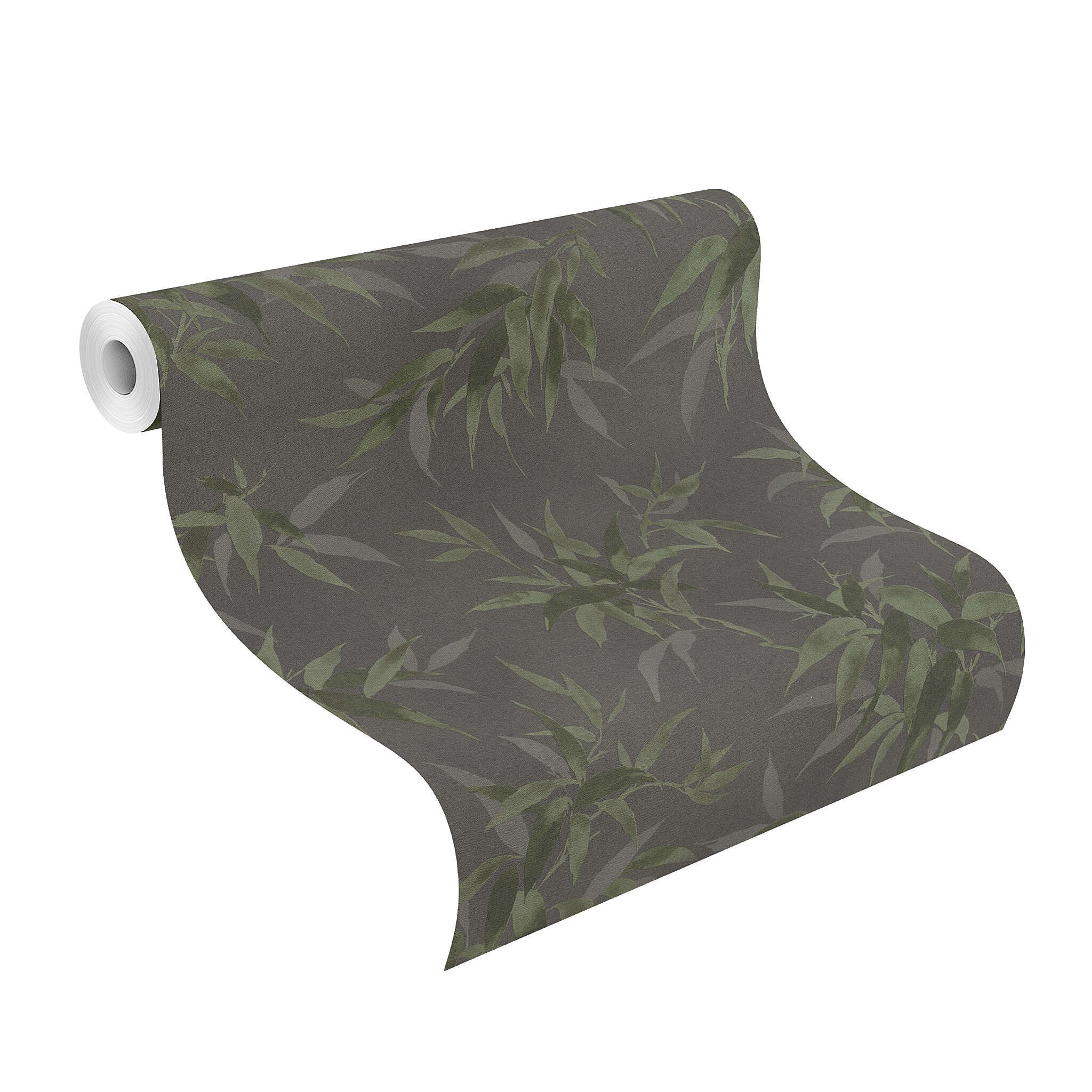 10-409772 Rolle abgerollt 1 Bamboo leaves non-woven wallpaper in black anthracite Selection 409772
