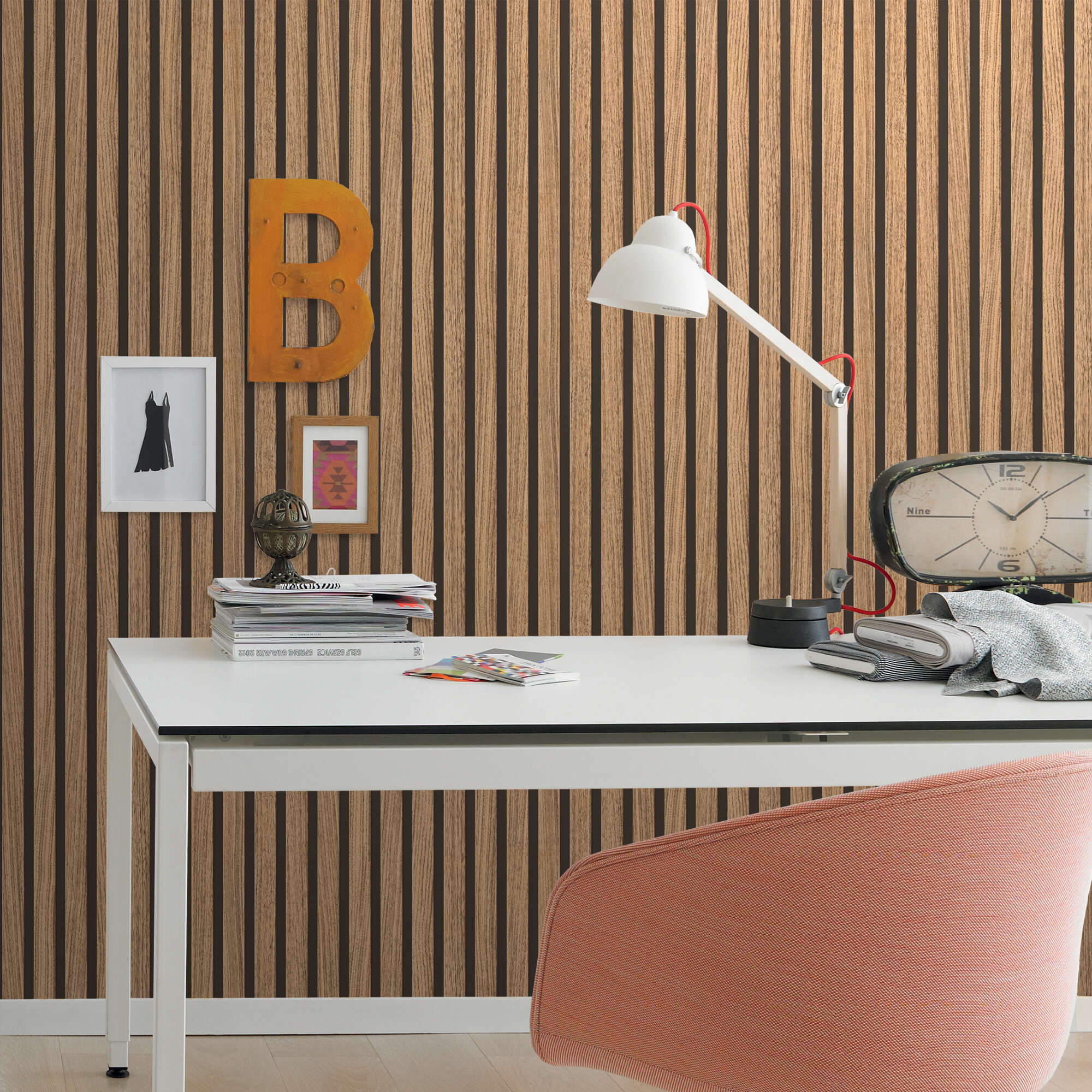 10-278408 Raumsituationen 2 Room with Wallpaper with alternating light and dark wood stripes for a modern, natural wall look