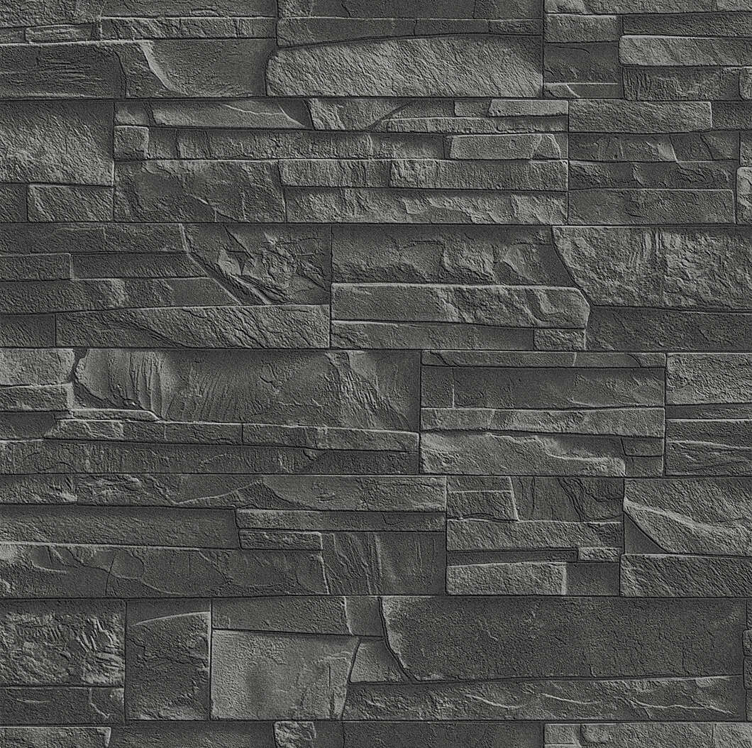 10-475036 Artikelscan 1 Realistic non-woven wallpaper in a slate stone look with a textured surface in dark grey tones with a real 3D look