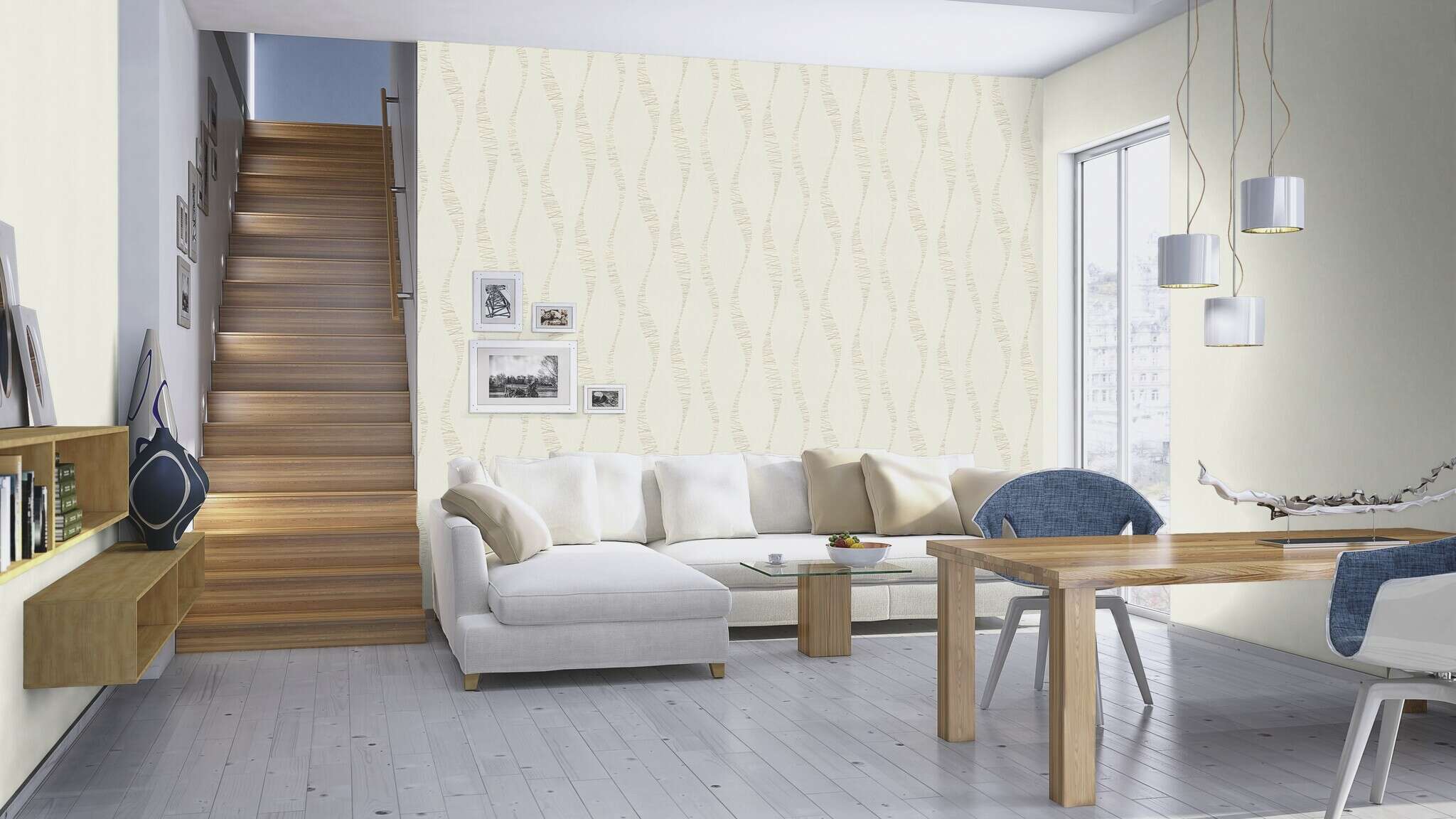 10-809008 Raumsituationen 6 Room with Wallpaper with a vertical texture, fine grooves and a glossy effect