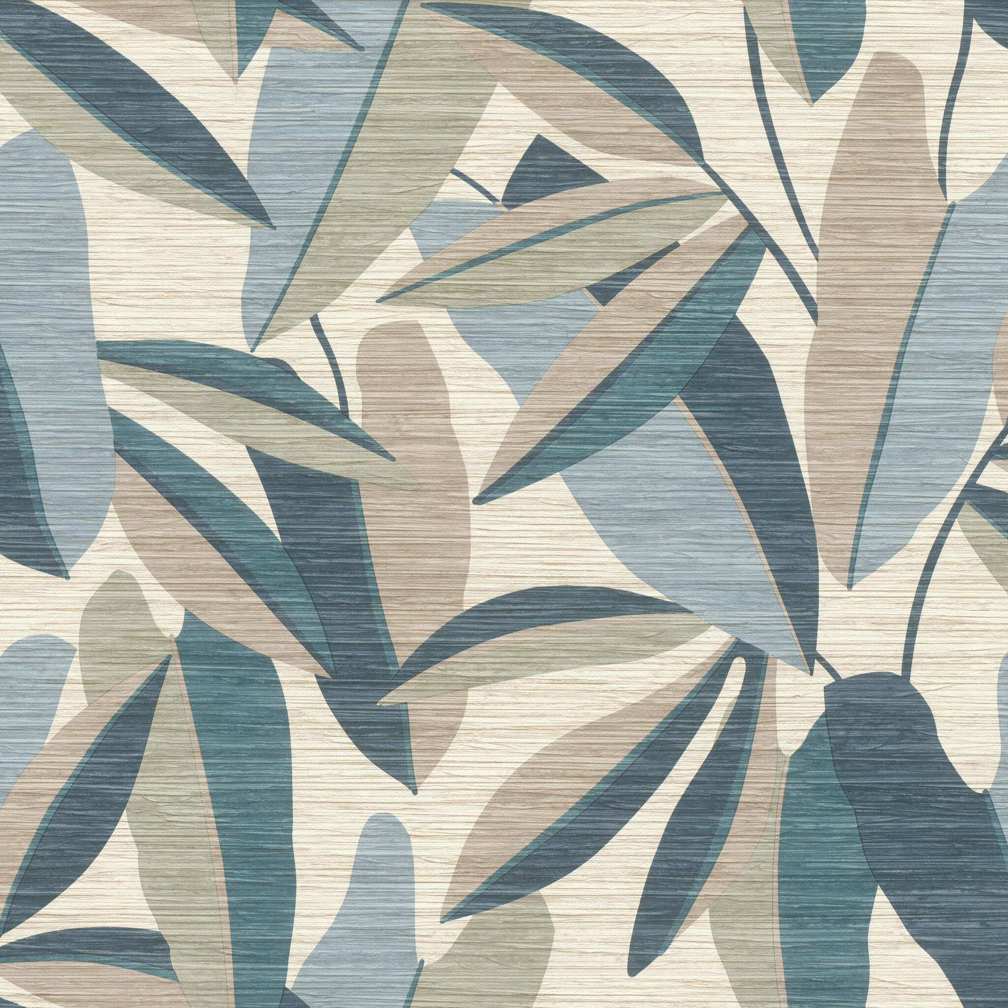 10-866346 Artikelscan 1 Zeichnungen von überdimensionalen Blättern in Beige, Blau und Grün auf beigebraunen Hintergrund mit Holzmaserung
